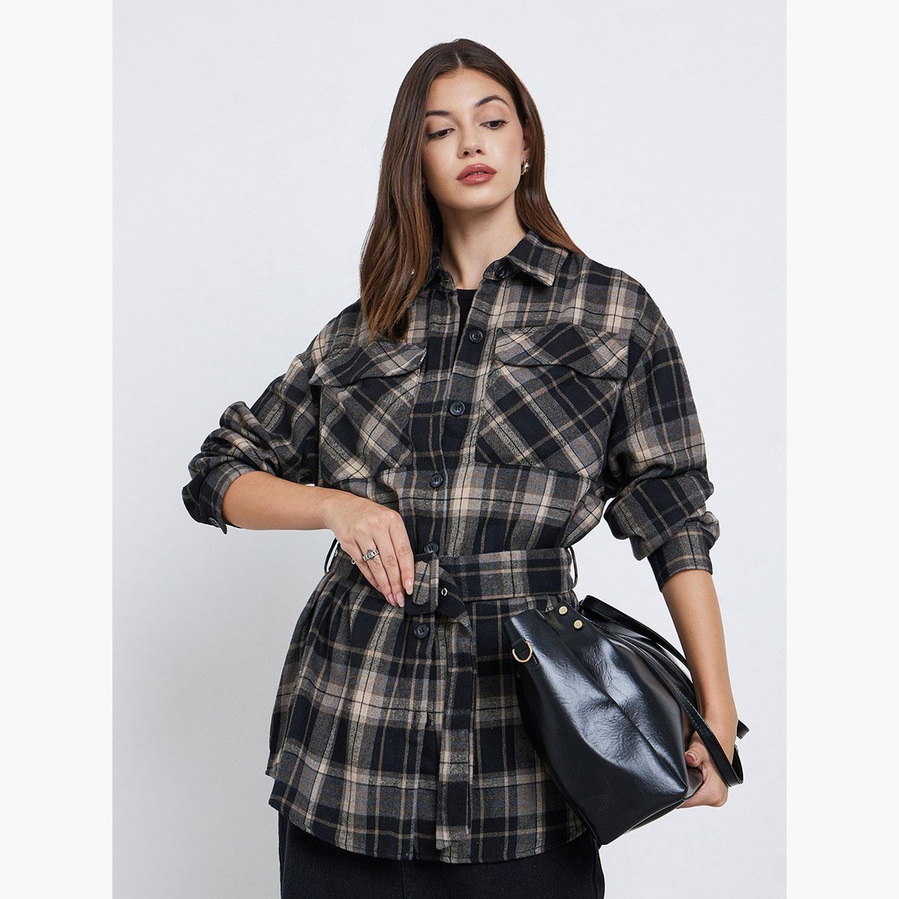 ستايلي - قميص أسود طويل مطبوع عليه مربعات-women-clothing-shirtsandblouses-shirts-image-1
