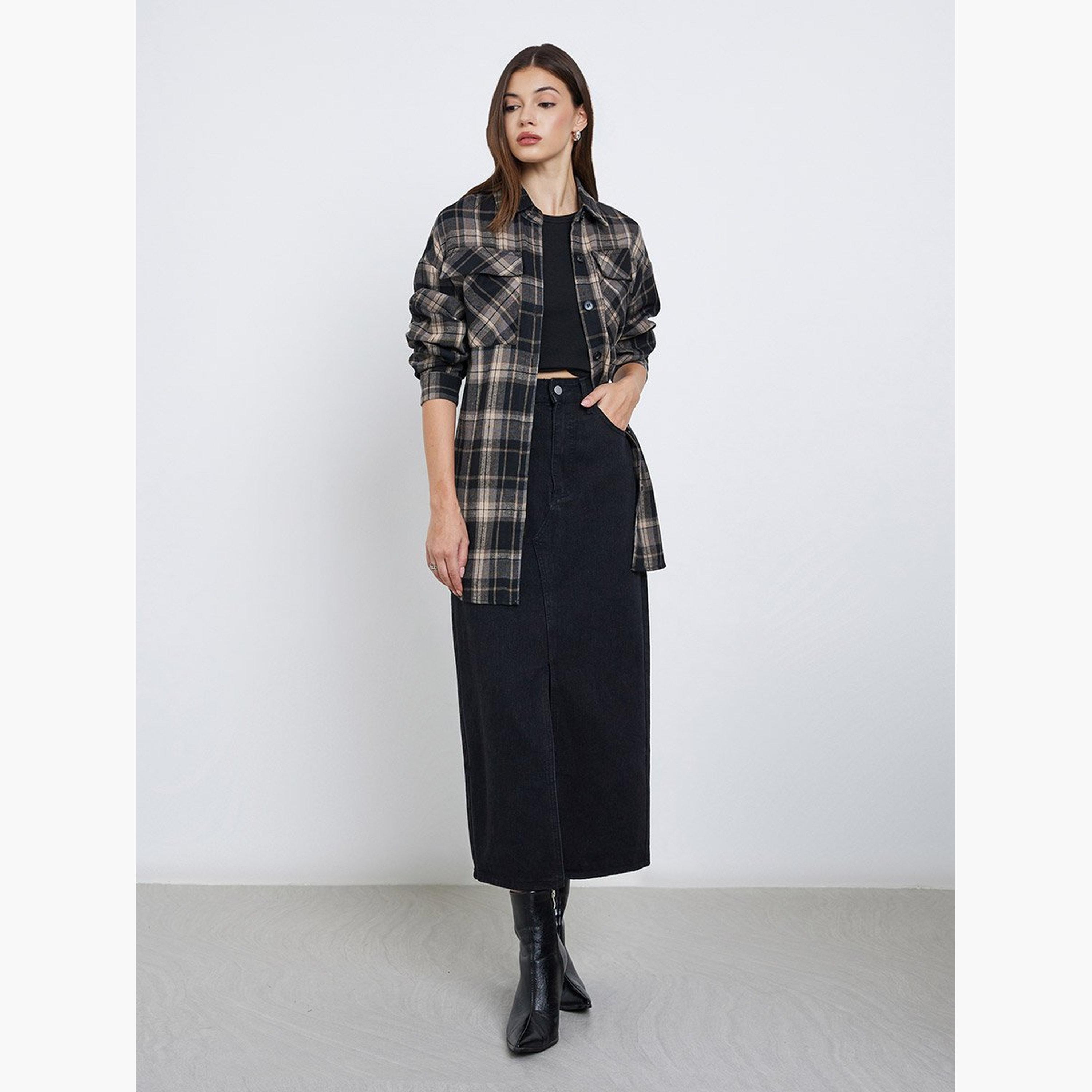 Styli Black Longline Checked Print Shirt-women-clothing-shirtsandblouses-shirts-image-2