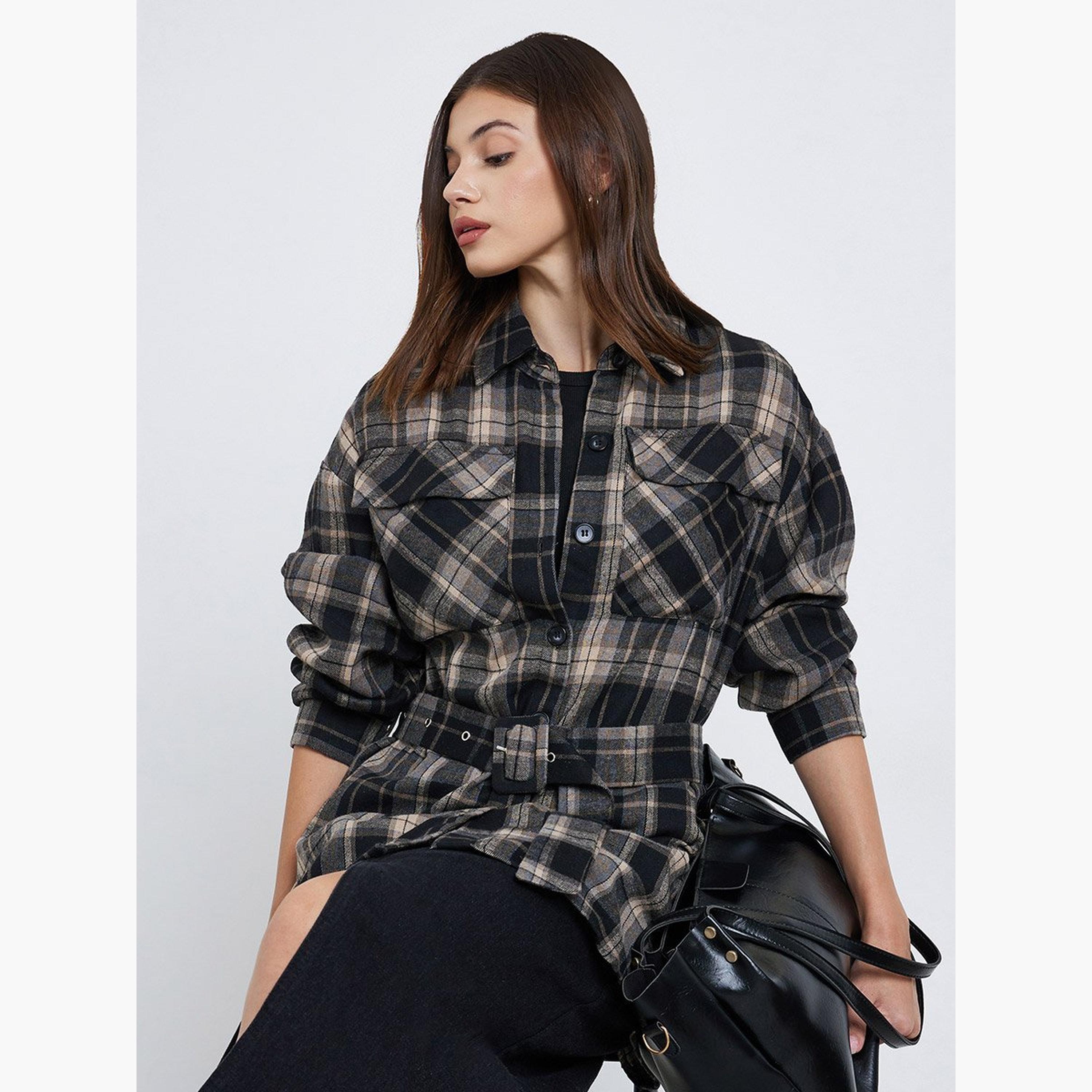 Styli Black Longline Checked Print Shirt-women-clothing-shirtsandblouses-shirts-image-3