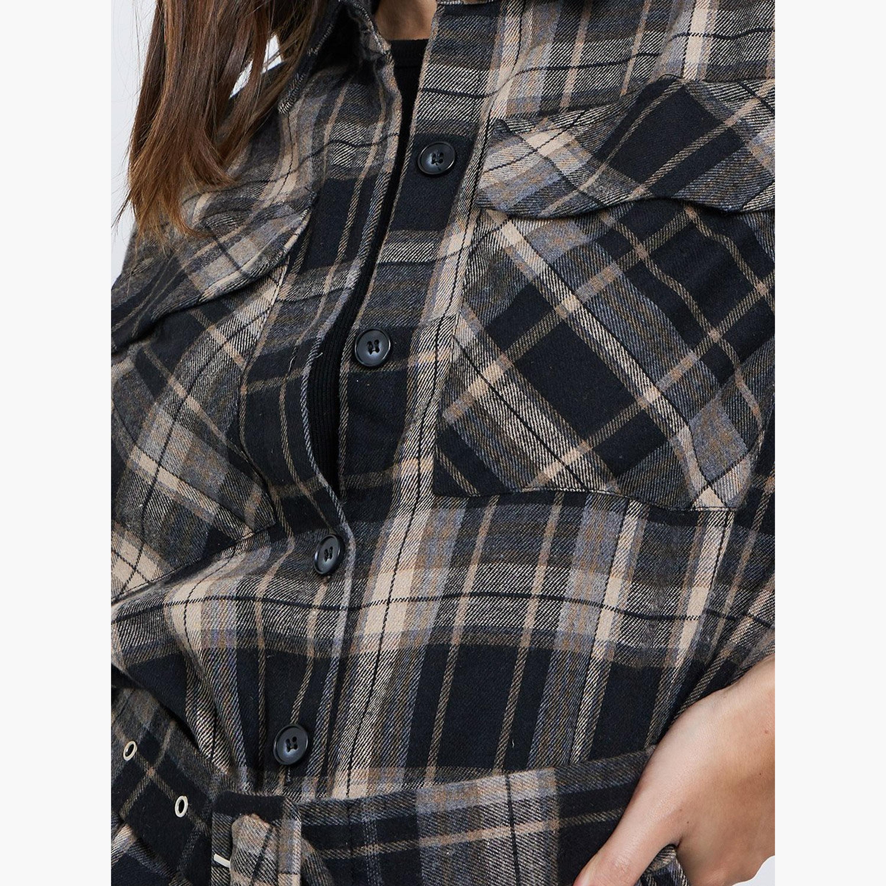ستايلي - قميص أسود طويل مطبوع عليه مربعات-women-clothing-shirtsandblouses-shirts-image-4