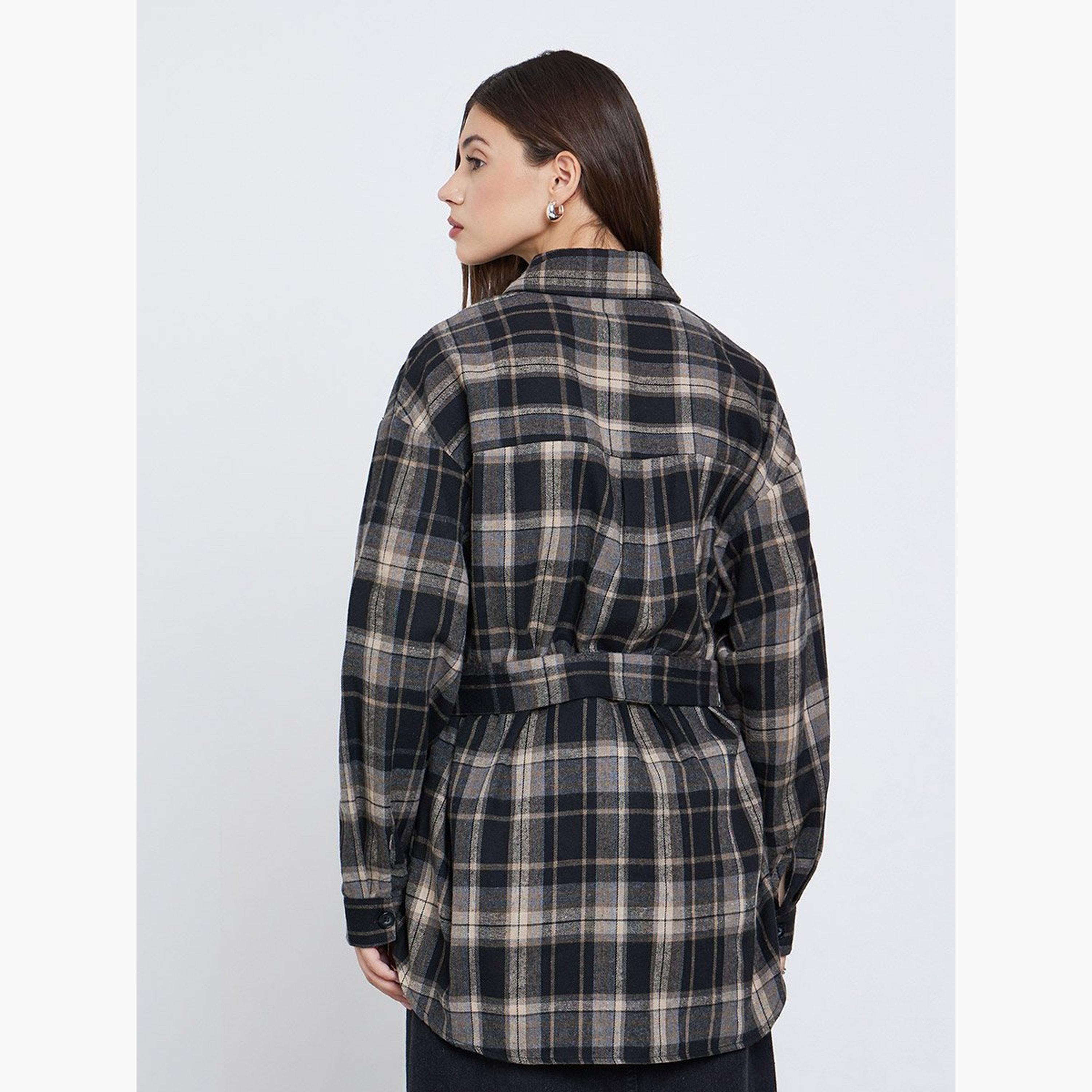 Styli Black Longline Checked Print Shirt-women-clothing-shirtsandblouses-shirts-image-5
