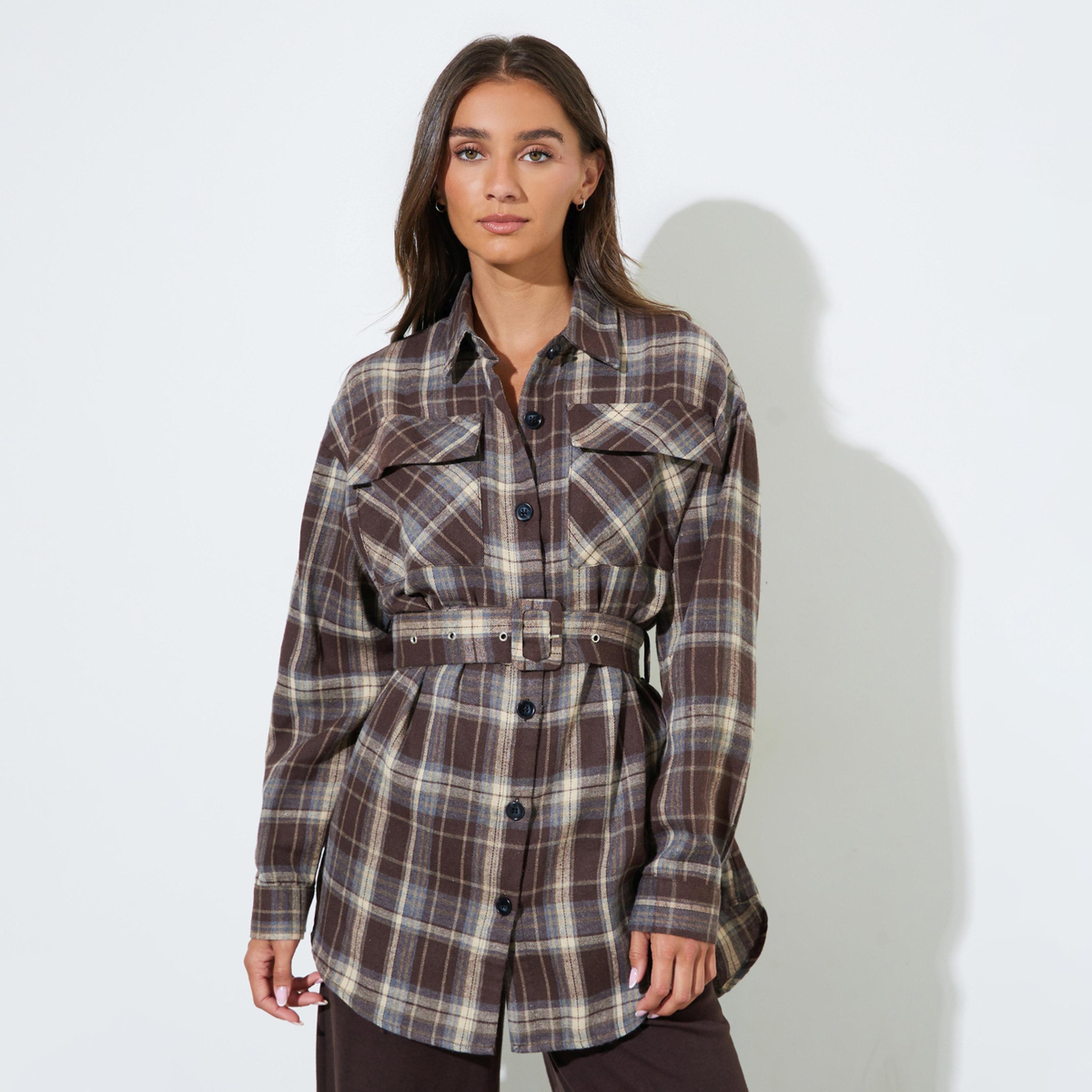 Styli Brown Longline Checked Print Shirt-women-clothing-shirtsandblouses-shirts-image-1