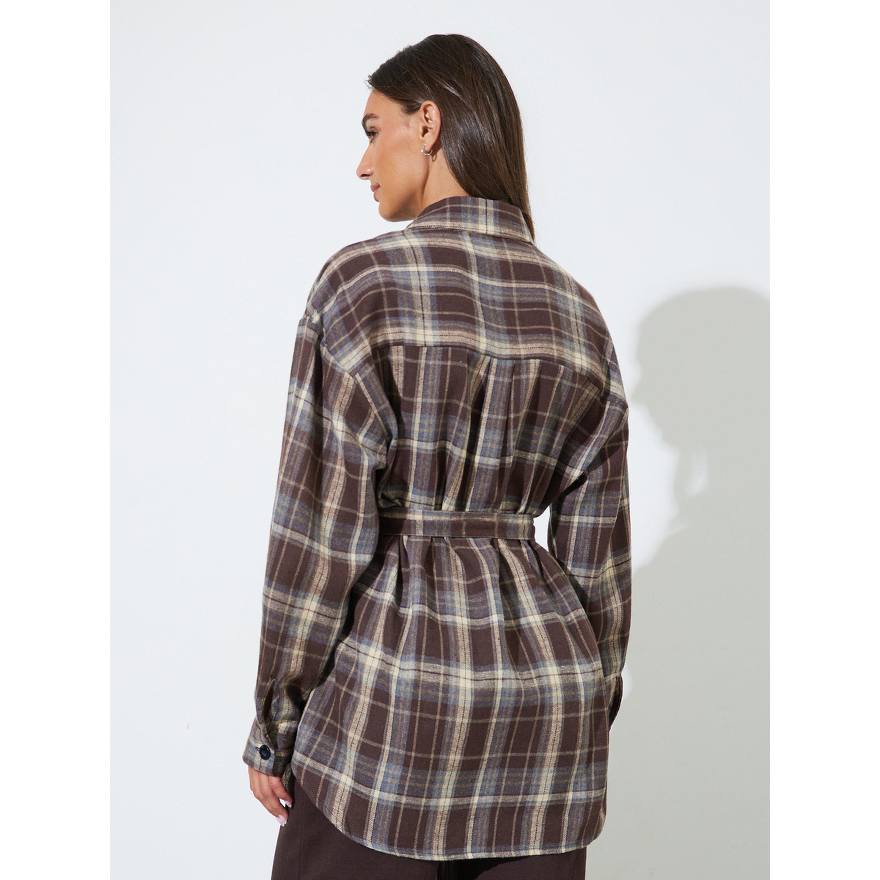 Styli Brown Longline Checked Print Shirt-women-clothing-shirtsandblouses-shirts-image-3