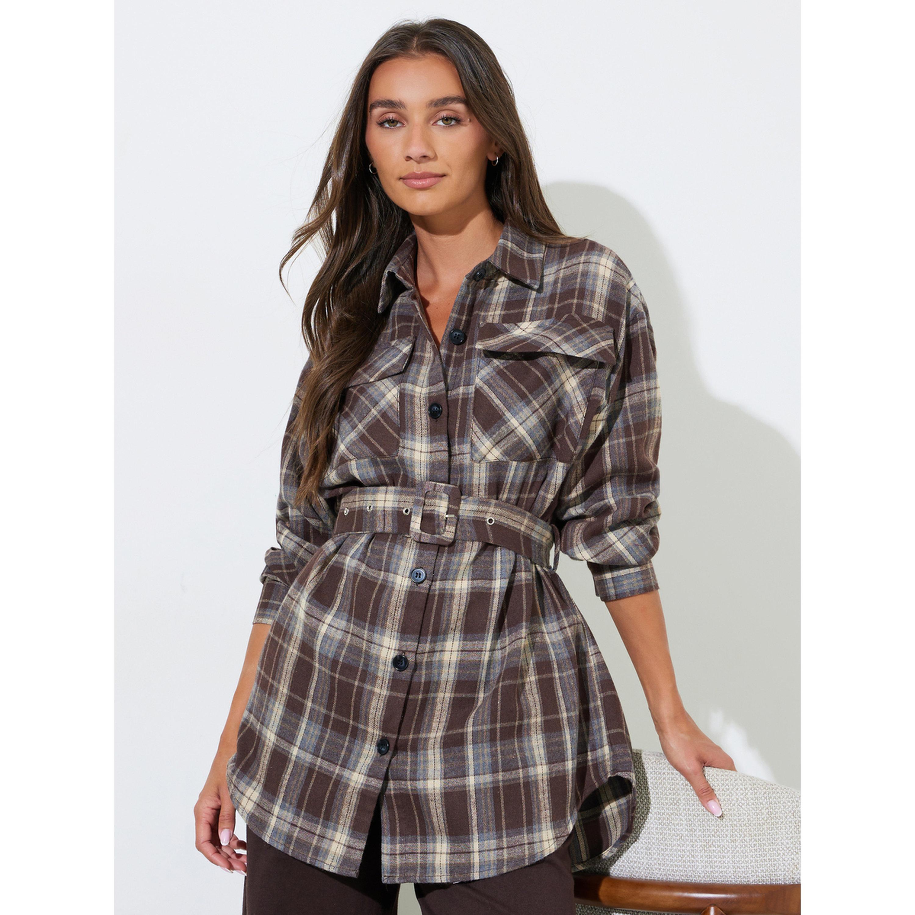 Styli Brown Longline Checked Print Shirt-women-clothing-shirtsandblouses-shirts-image-4