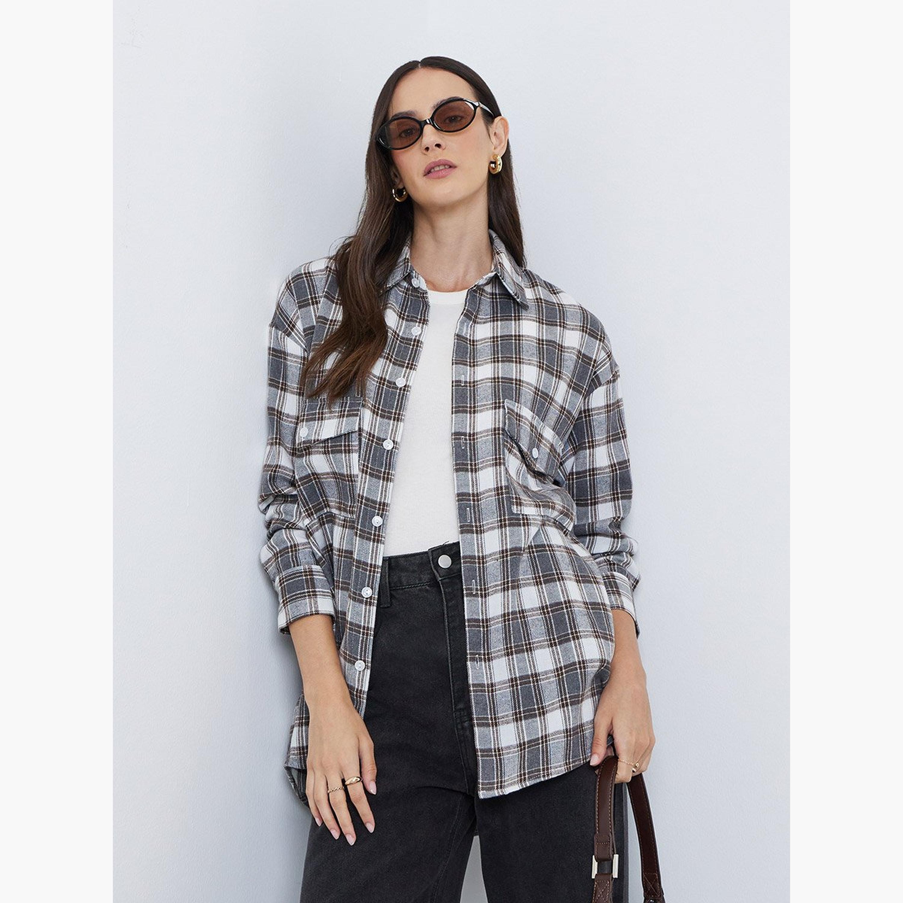 Styli Oversized Checked Print Buttoned Shirt-women-clothing-shirtsandblouses-shirts-image-1
