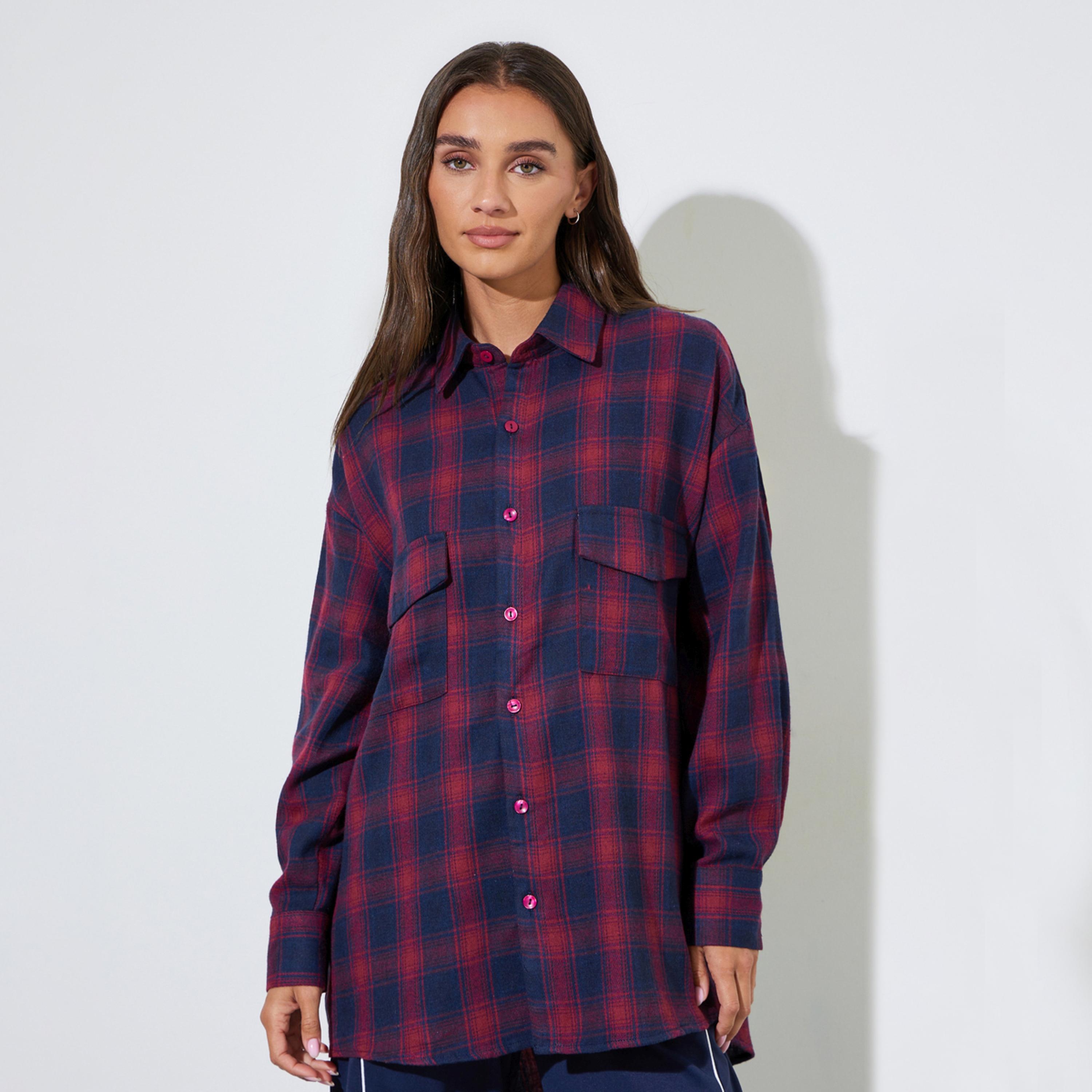 Styli Oversized Checked Print Buttoned Shirt-women-clothing-shirtsandblouses-shirts-image-1