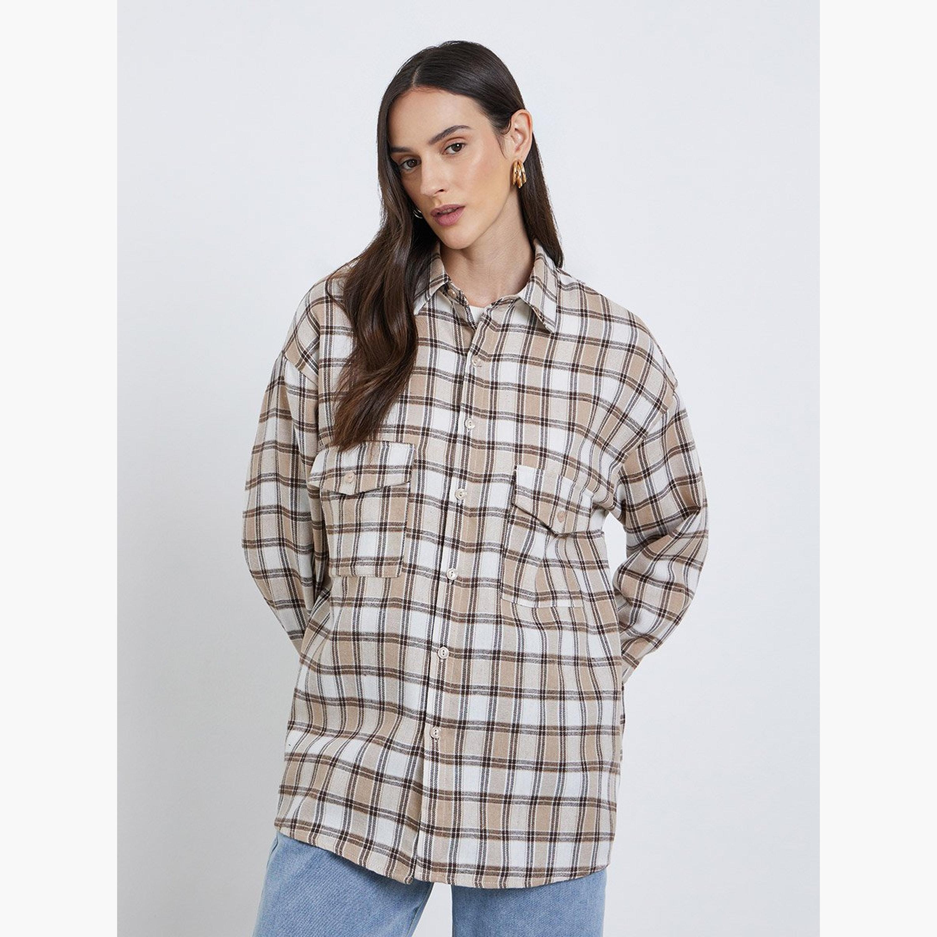 ستايلي - قميص مقاس كبير بطبعة مربعات وأزرار-women-clothing-shirtsandblouses-shirts-image-1