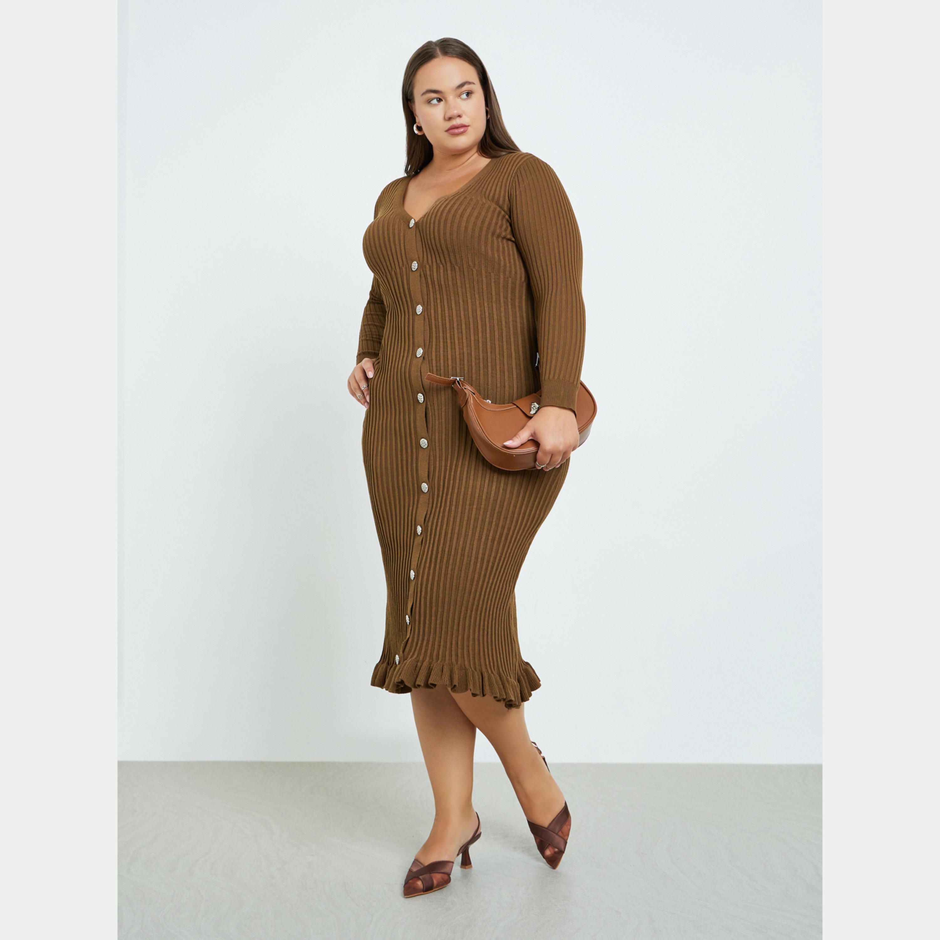 Styli Brown Plus Size Ribbed Button-Down Ruffle Hem Long Sleeves Women's Midi Dress-women-clothing-dresses-image-1