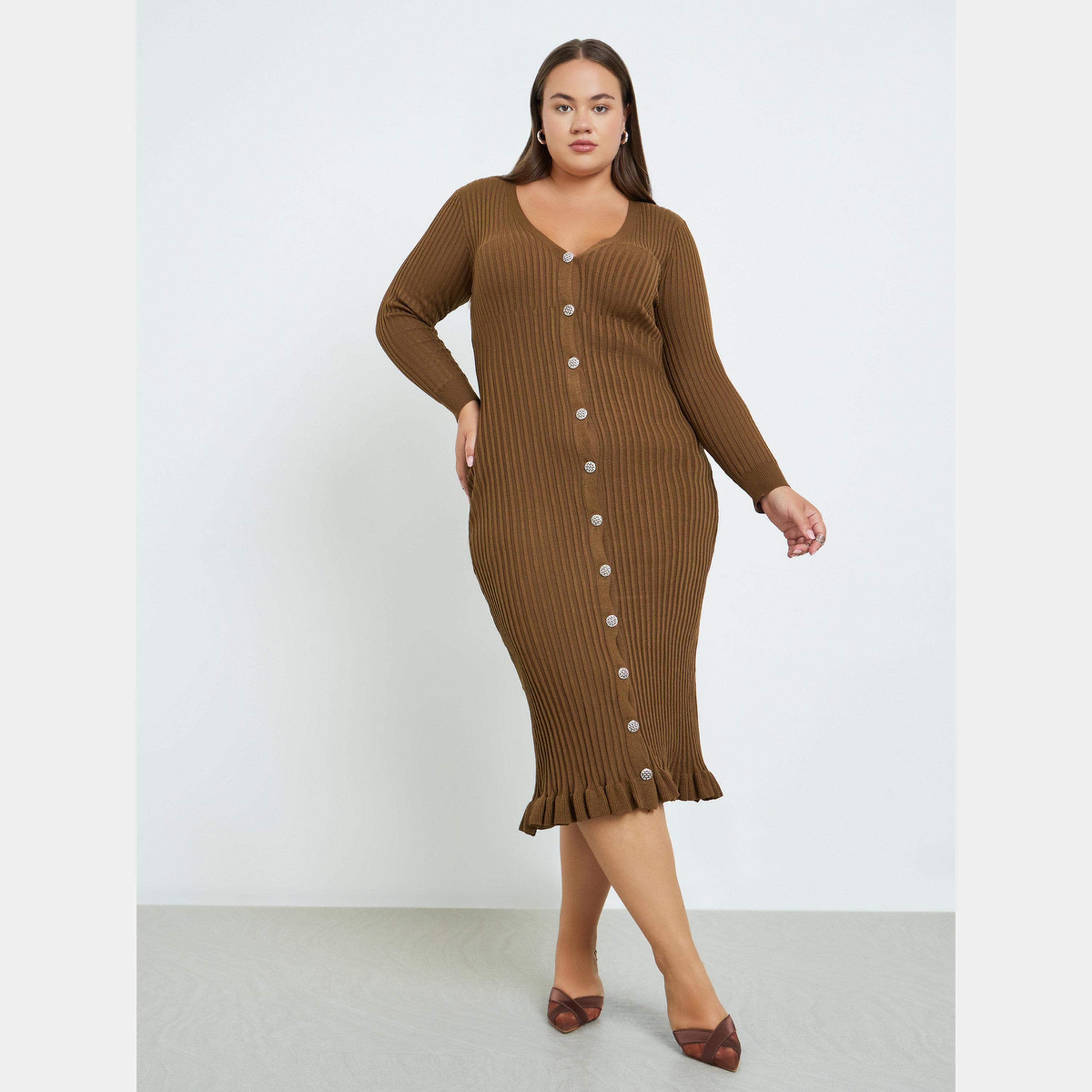Styli Brown Plus Size Ribbed Button-Down Ruffle Hem Long Sleeves Women's Midi Dress-women-clothing-dresses-image-2