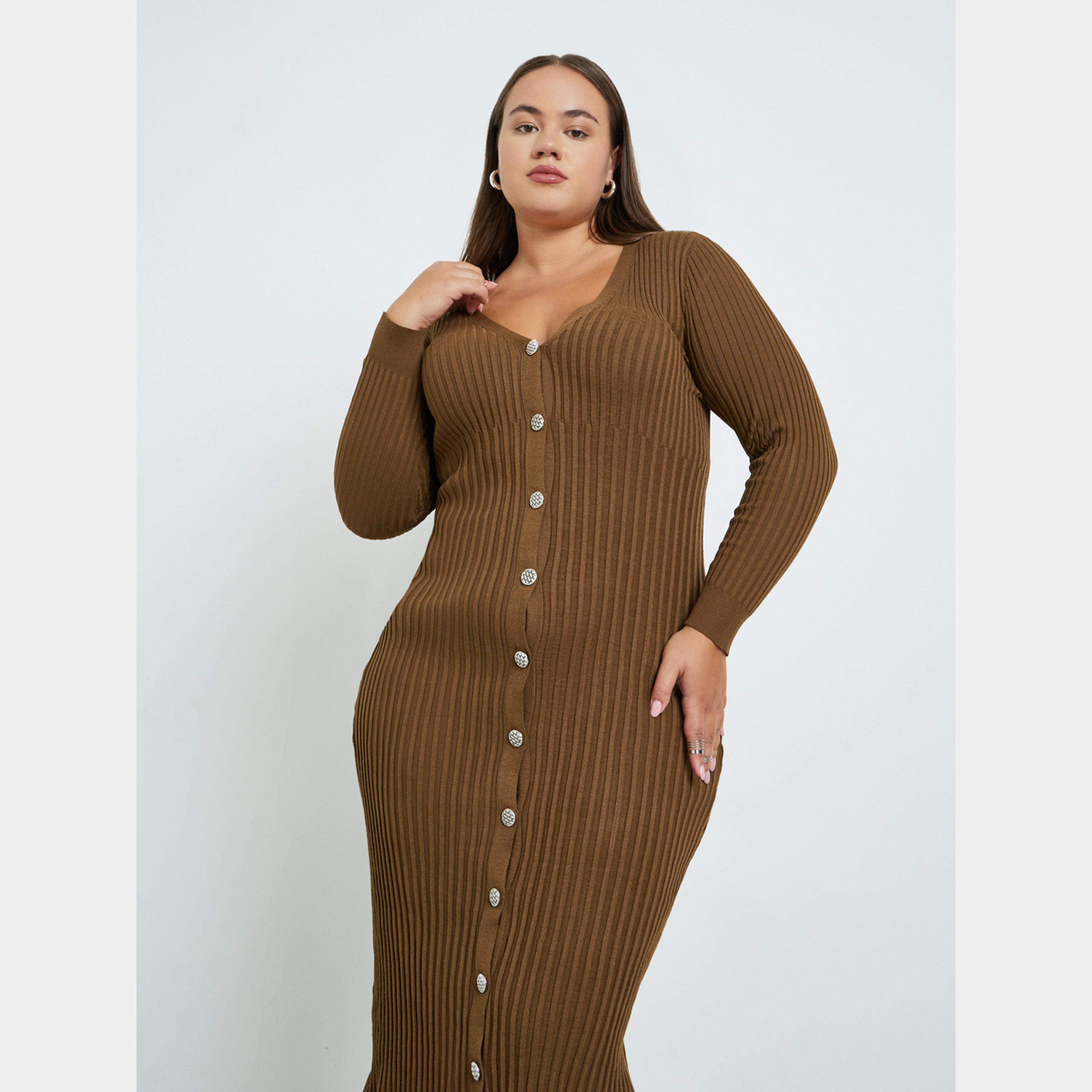 Styli Brown Plus Size Ribbed Button-Down Ruffle Hem Long Sleeves Women's Midi Dress-women-clothing-dresses-image-3