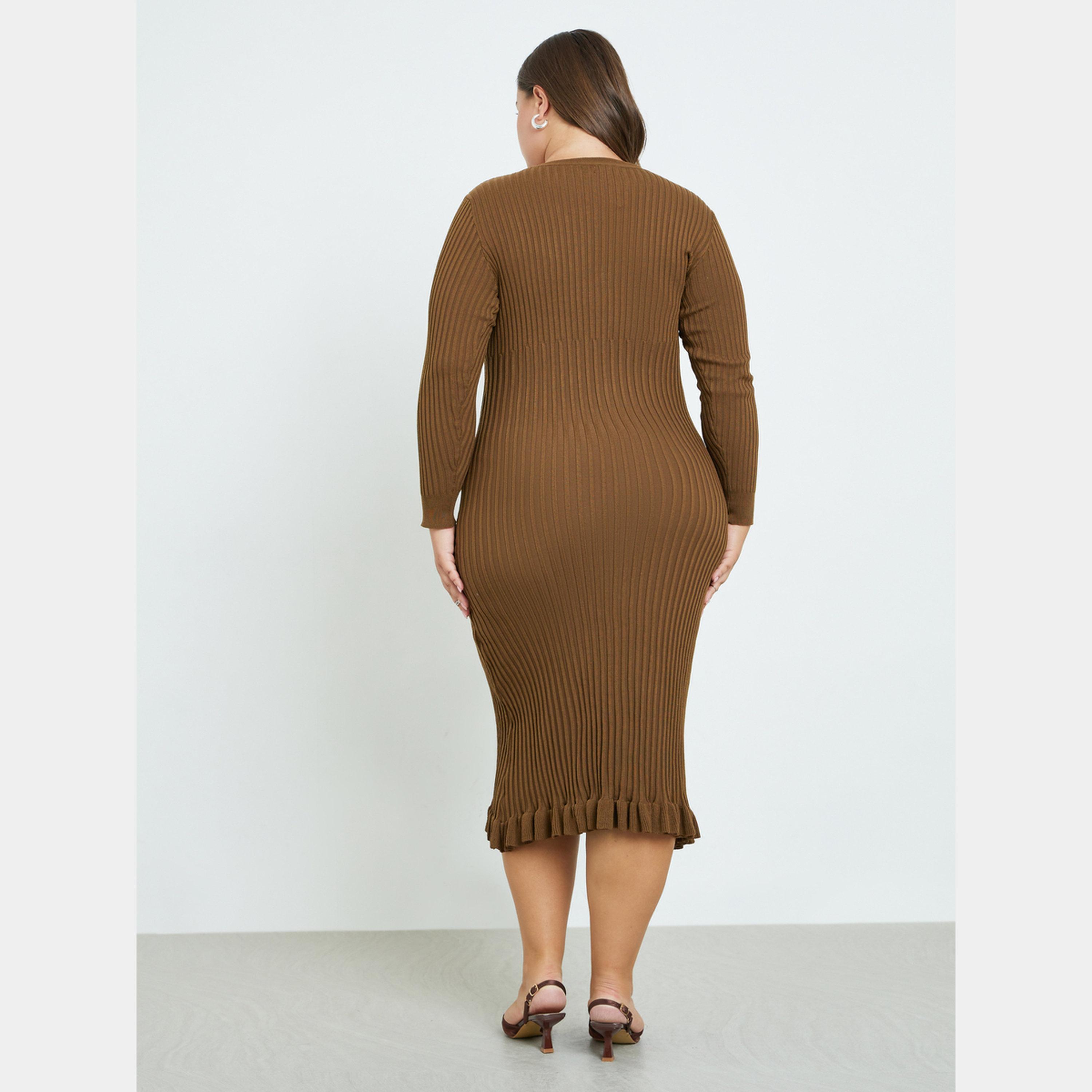 Styli Brown Plus Size Ribbed Button-Down Ruffle Hem Long Sleeves Women's Midi Dress-women-clothing-dresses-image-5