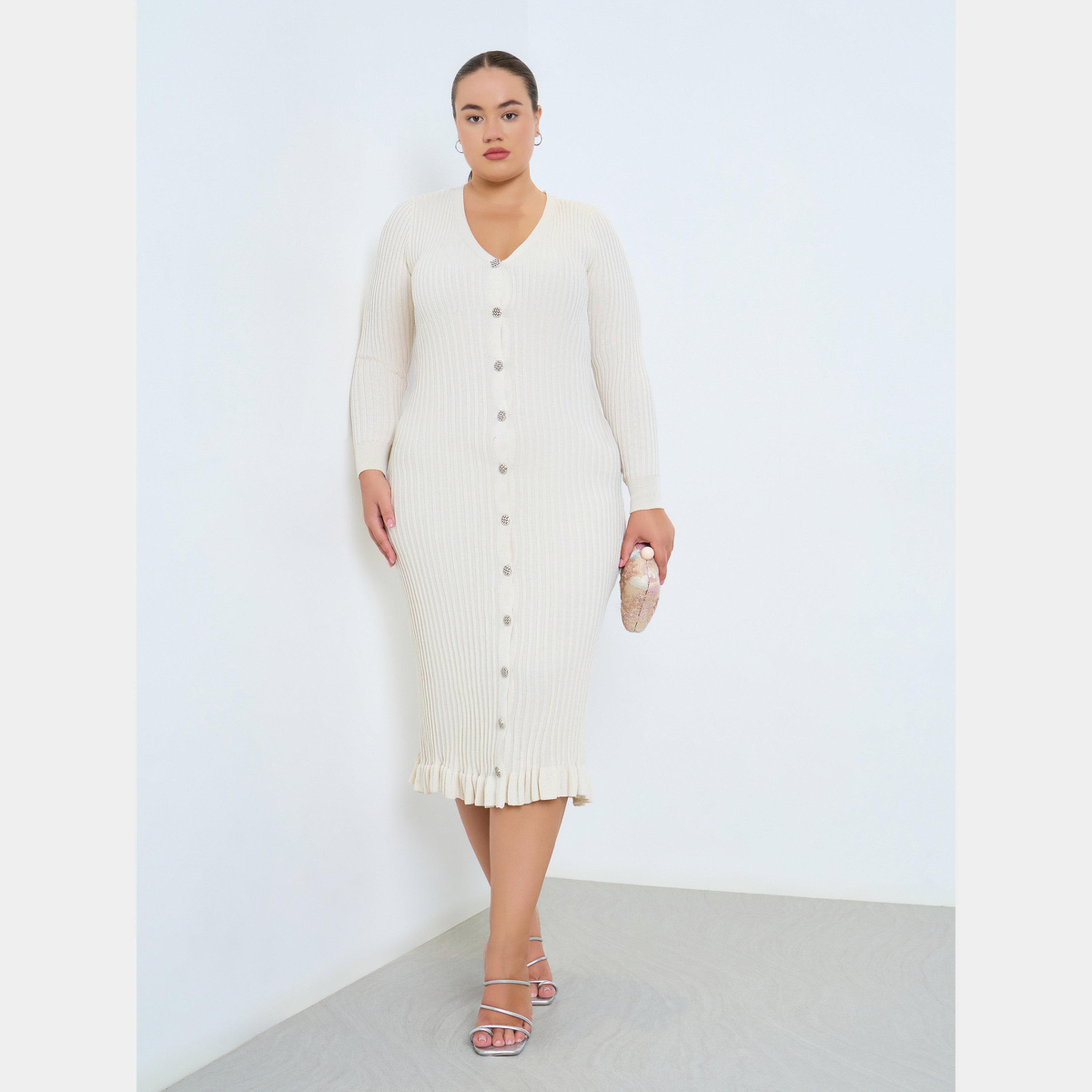 Styli White Plus Size Ribbed Button-Down Ruffle Hem Long Sleeves Women's Midi Dress-women-clothing-dresses-image-1