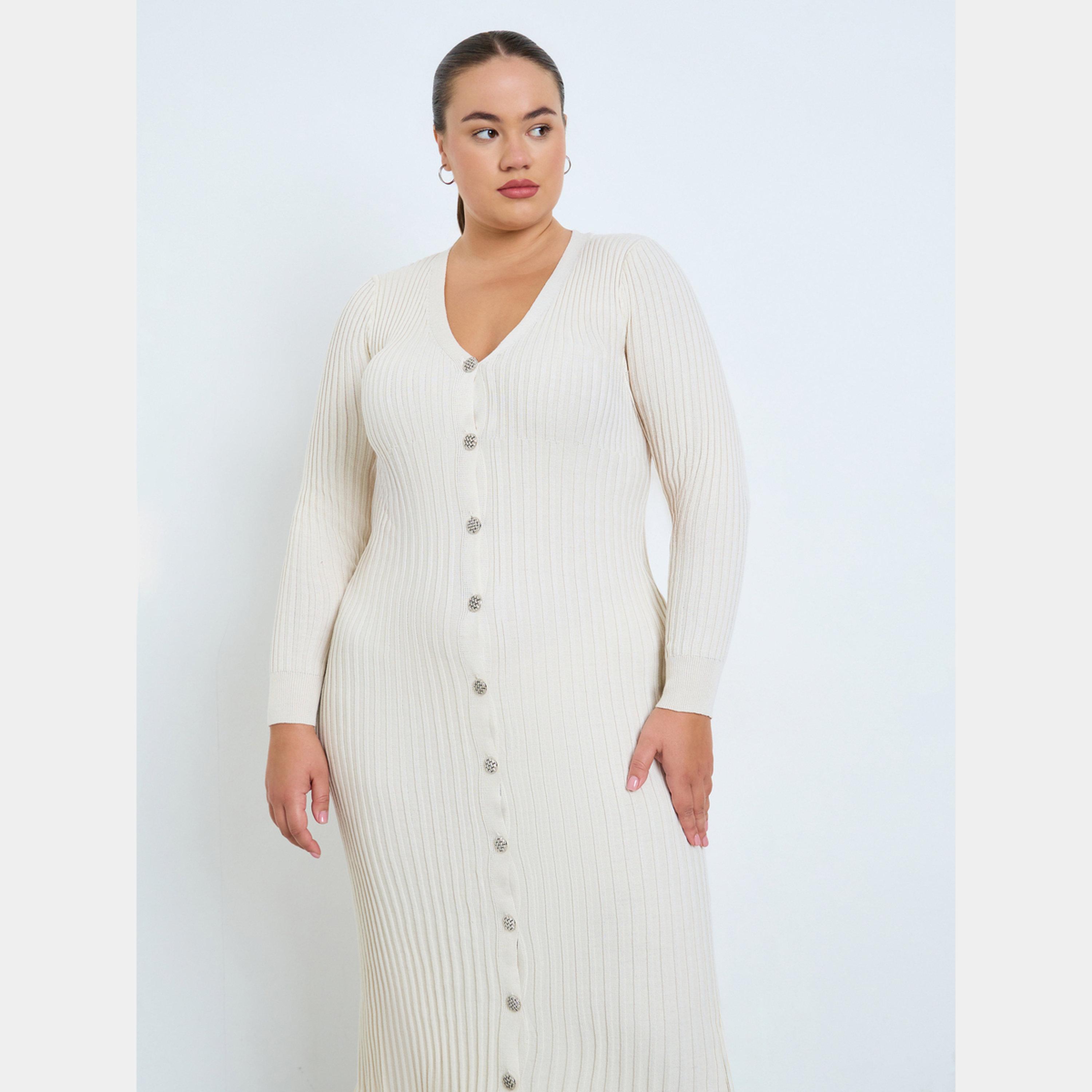 Styli White Plus Size Ribbed Button-Down Ruffle Hem Long Sleeves Women's Midi Dress-women-clothing-dresses-image-2