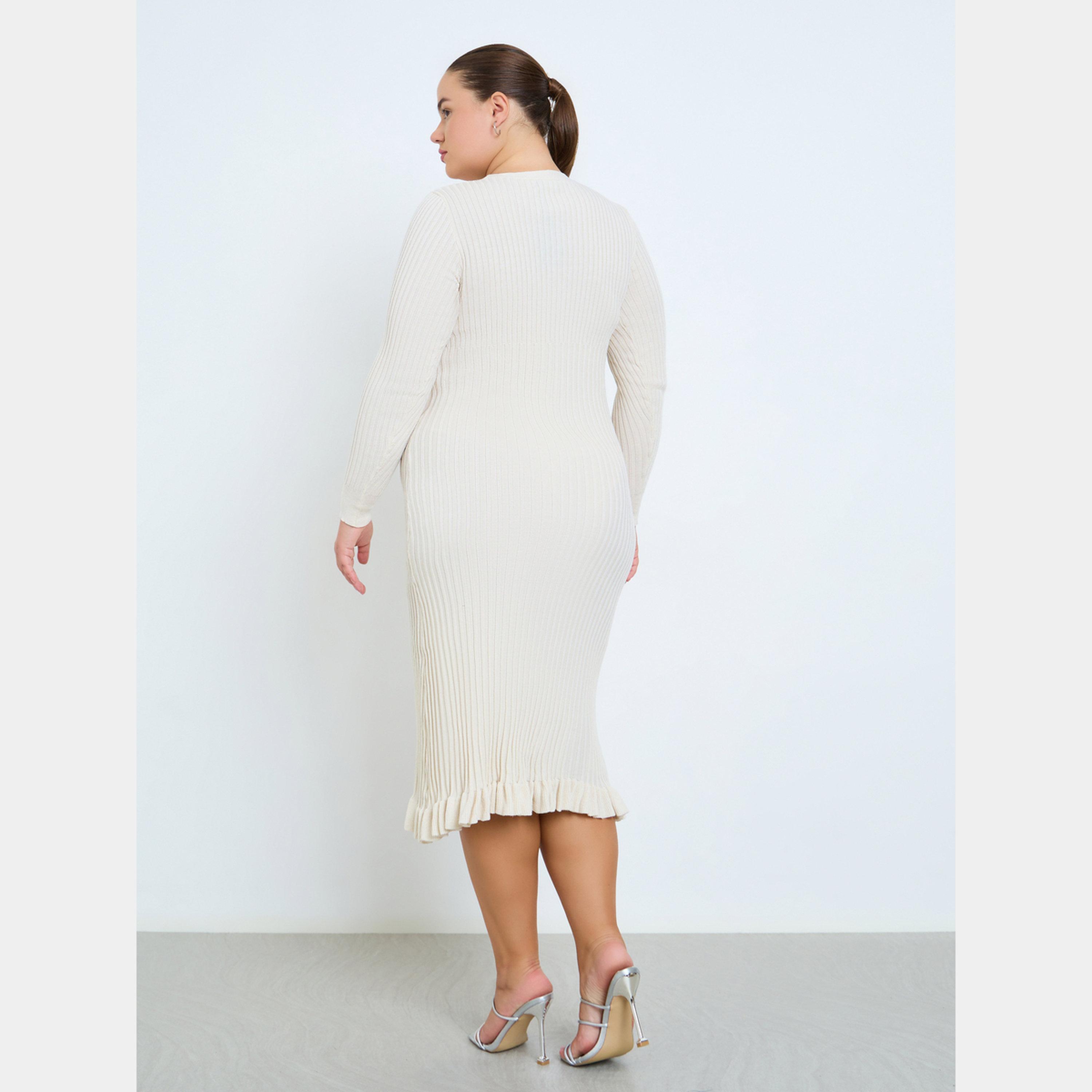 Styli White Plus Size Ribbed Button-Down Ruffle Hem Long Sleeves Women's Midi Dress-women-clothing-dresses-image-4