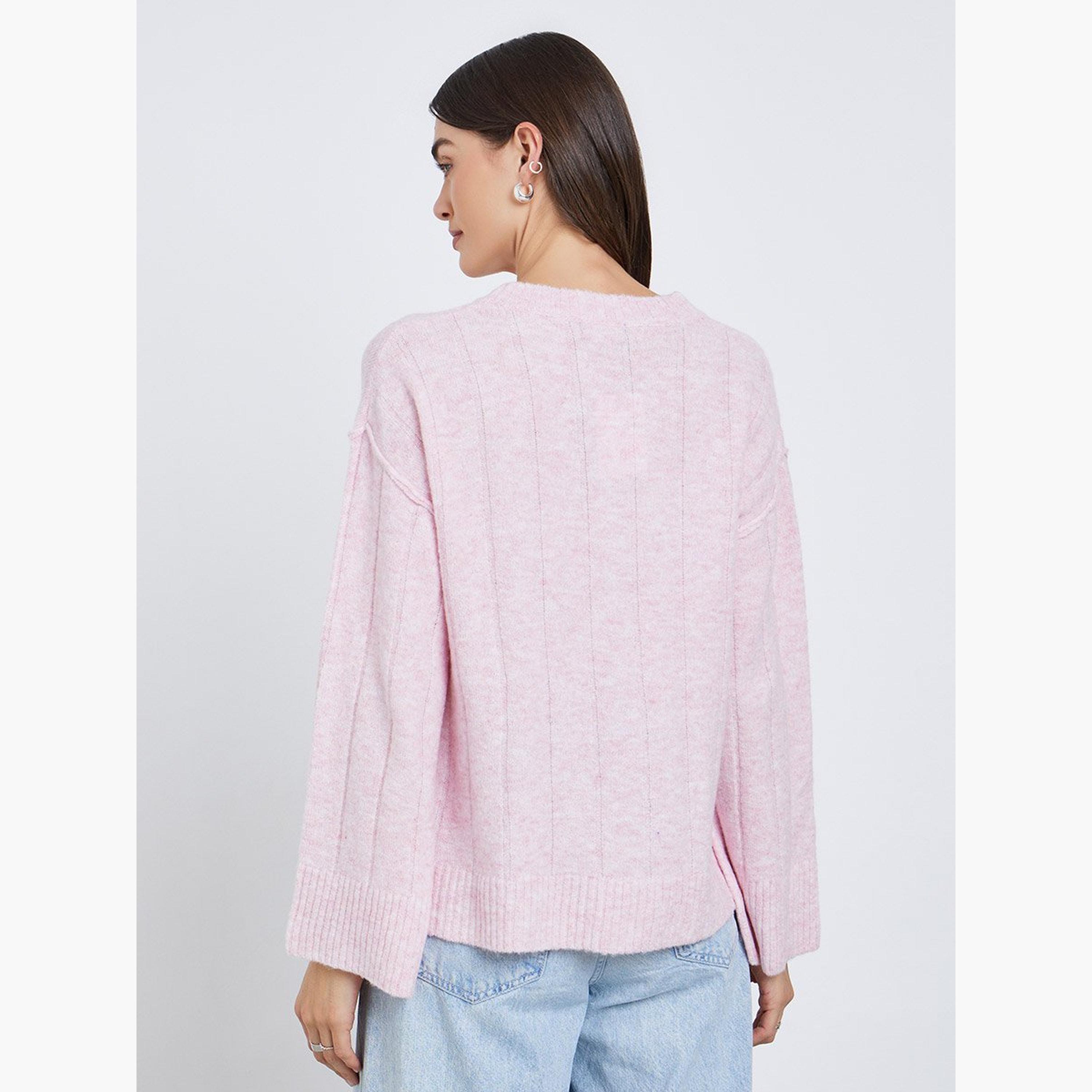 Styli Pink Regular Fit Brushed Yarn Ribbed Sweater-women-winterwear-cardigansandjumpers-jumpers-image-5
