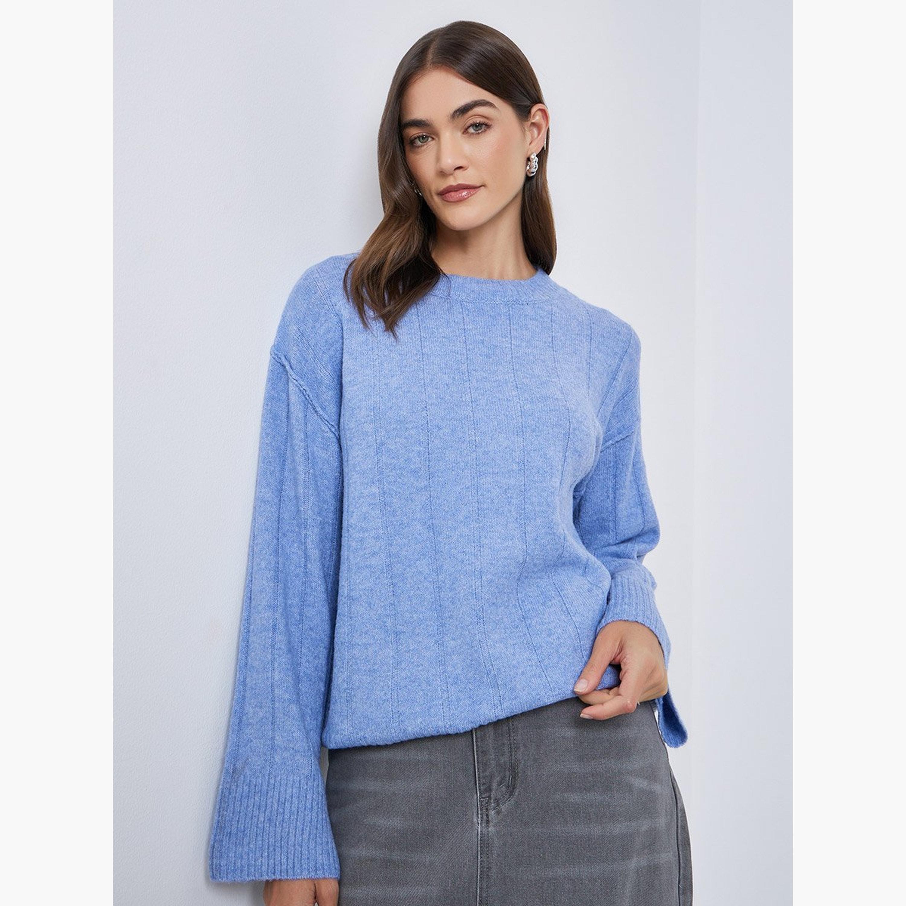 ستايلي - سترة زرقاء متوسطة الحجم بقصّة عادية من خيوط ممشطة ومضلعة-women-winterwear-cardigansandjumpers-jumpers-image-1