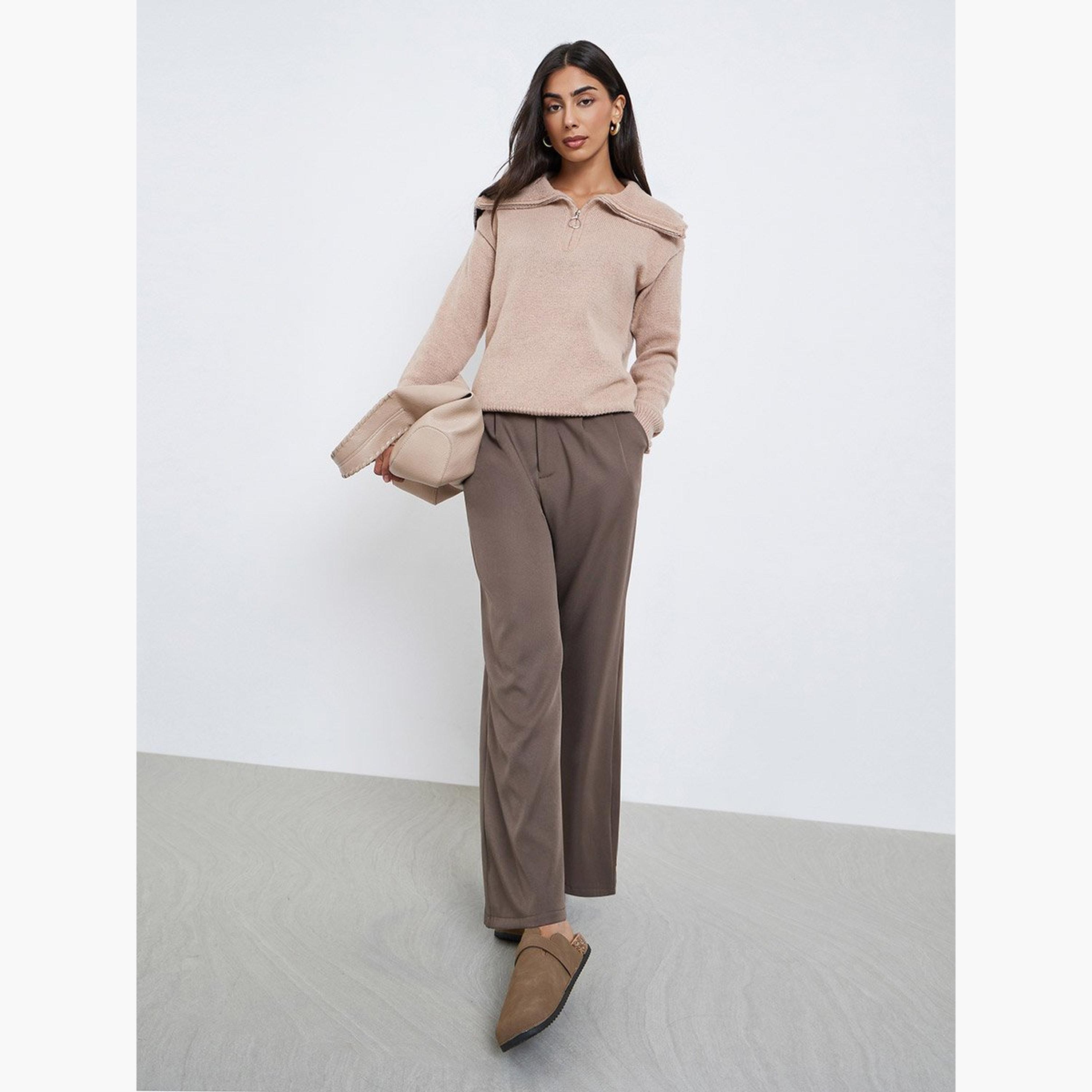 Styli Beige Regular Fit Half-Zip Knit Sweater-women-winterwear-cardigansandjumpers-jumpers-image-1