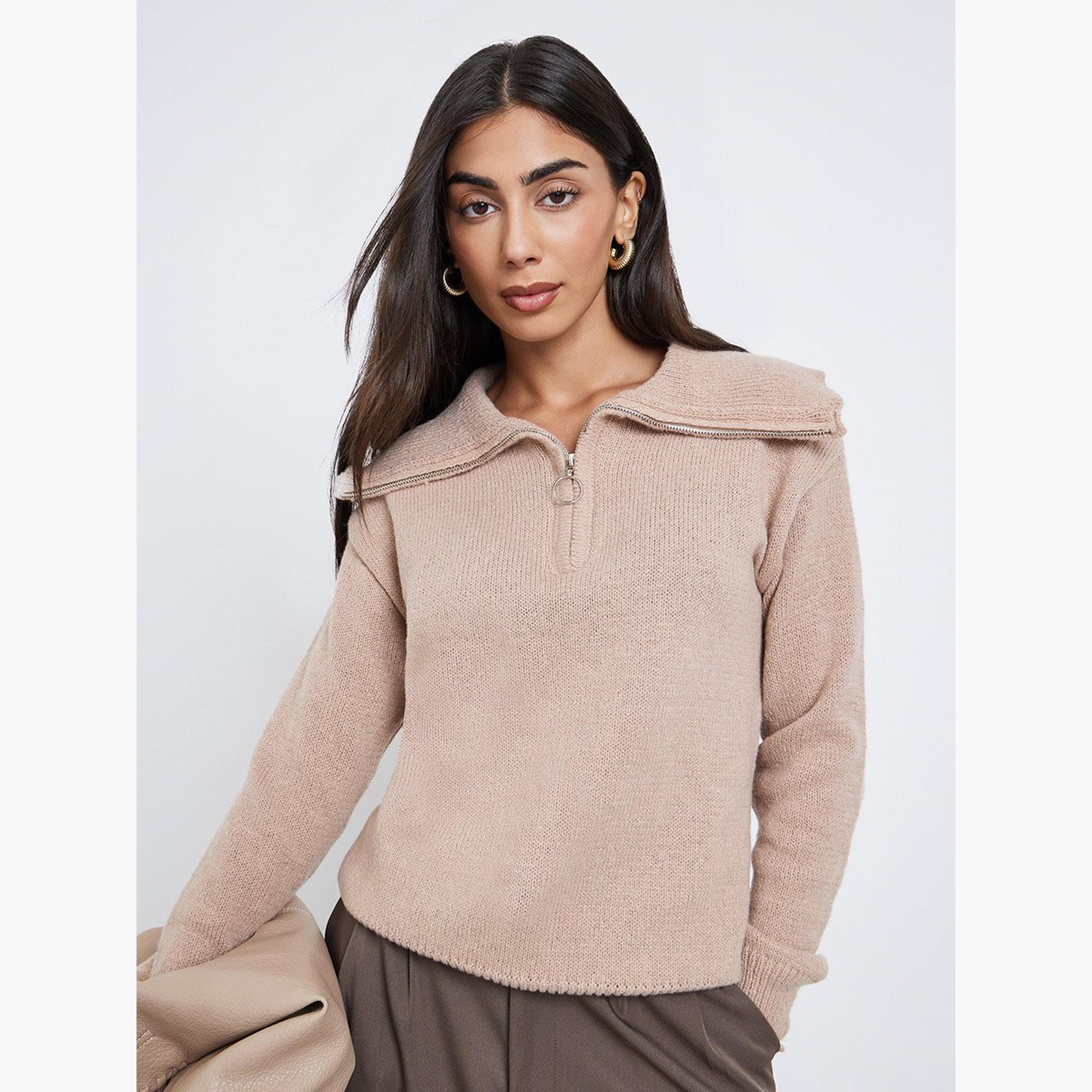 ستايلي - سترة محبوكة بنصف سحاب، قصة عادية، لون بيج-women-winterwear-cardigansandjumpers-jumpers-image-2