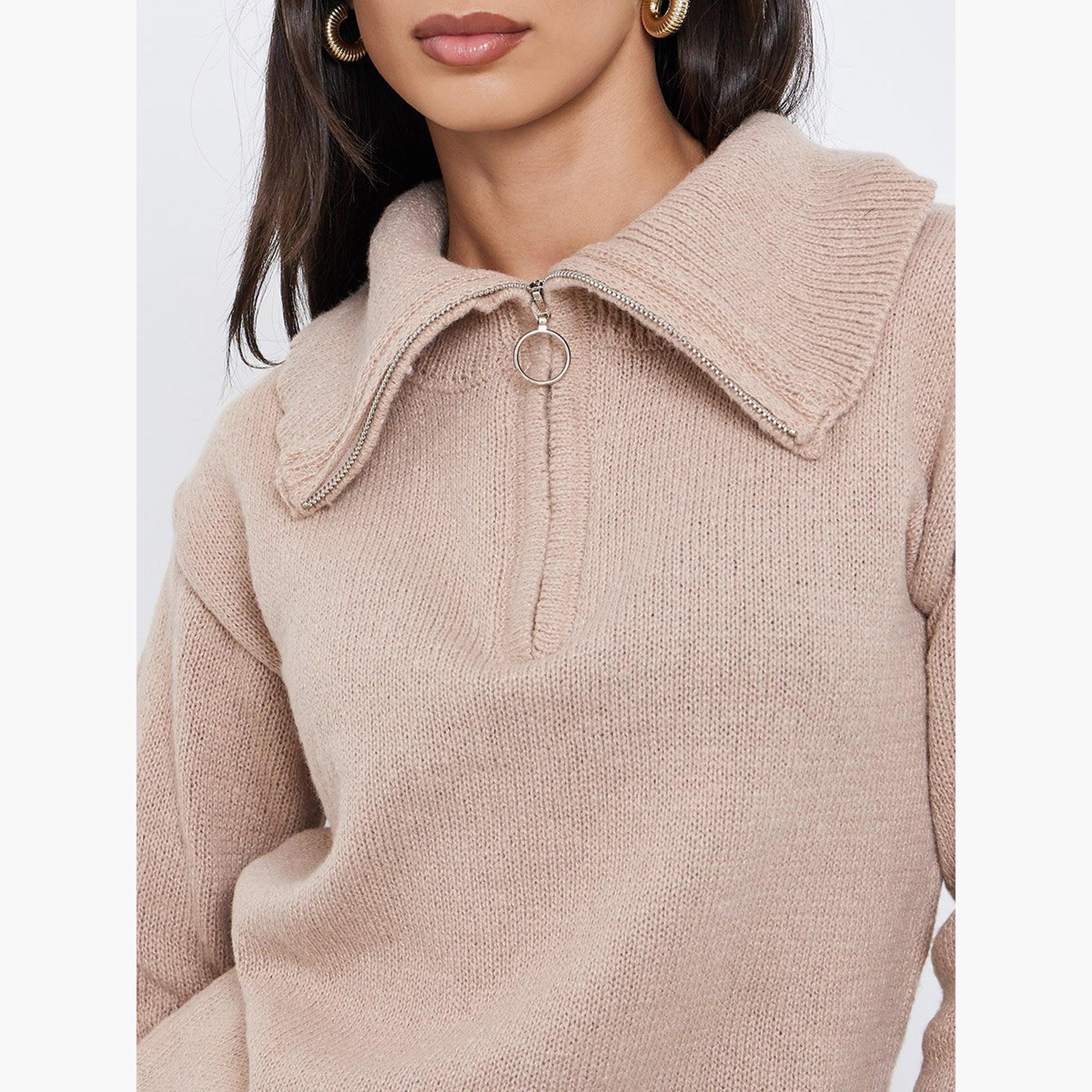 Styli Beige Regular Fit Half-Zip Knit Sweater-women-winterwear-cardigansandjumpers-jumpers-image-3