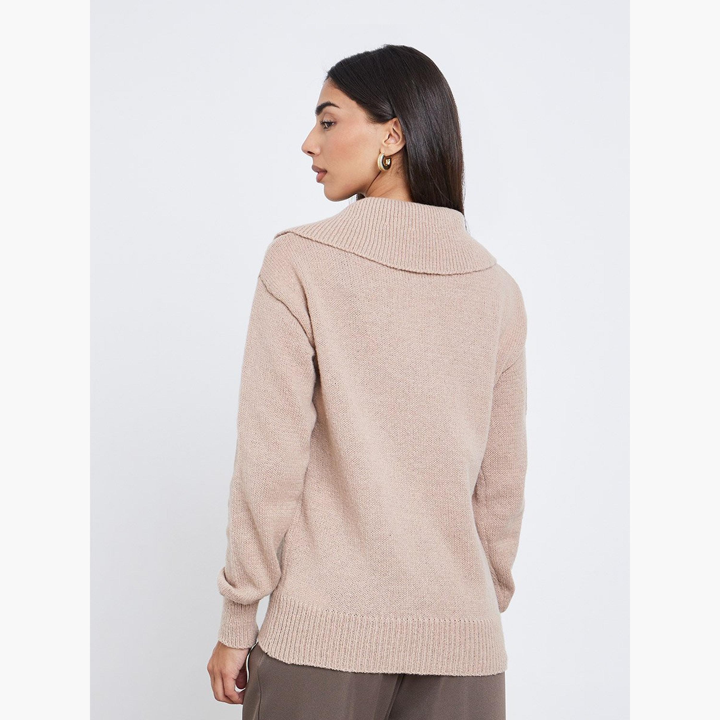 Styli Beige Regular Fit Half-Zip Knit Sweater-women-winterwear-cardigansandjumpers-jumpers-image-4