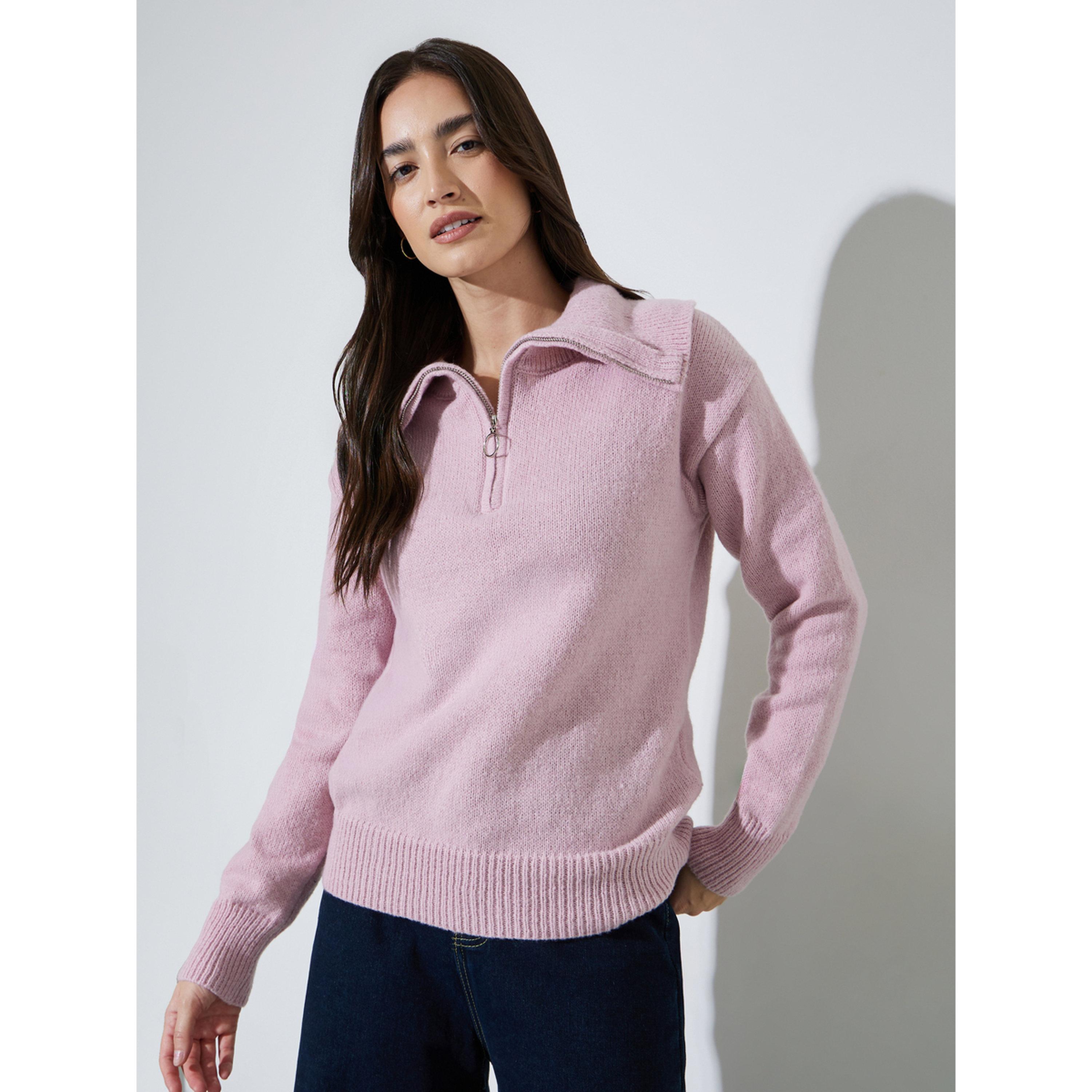 Styli Pink Regular Fit Half-Zip Knit Sweater-women-winterwear-cardigansandjumpers-jumpers-image-1