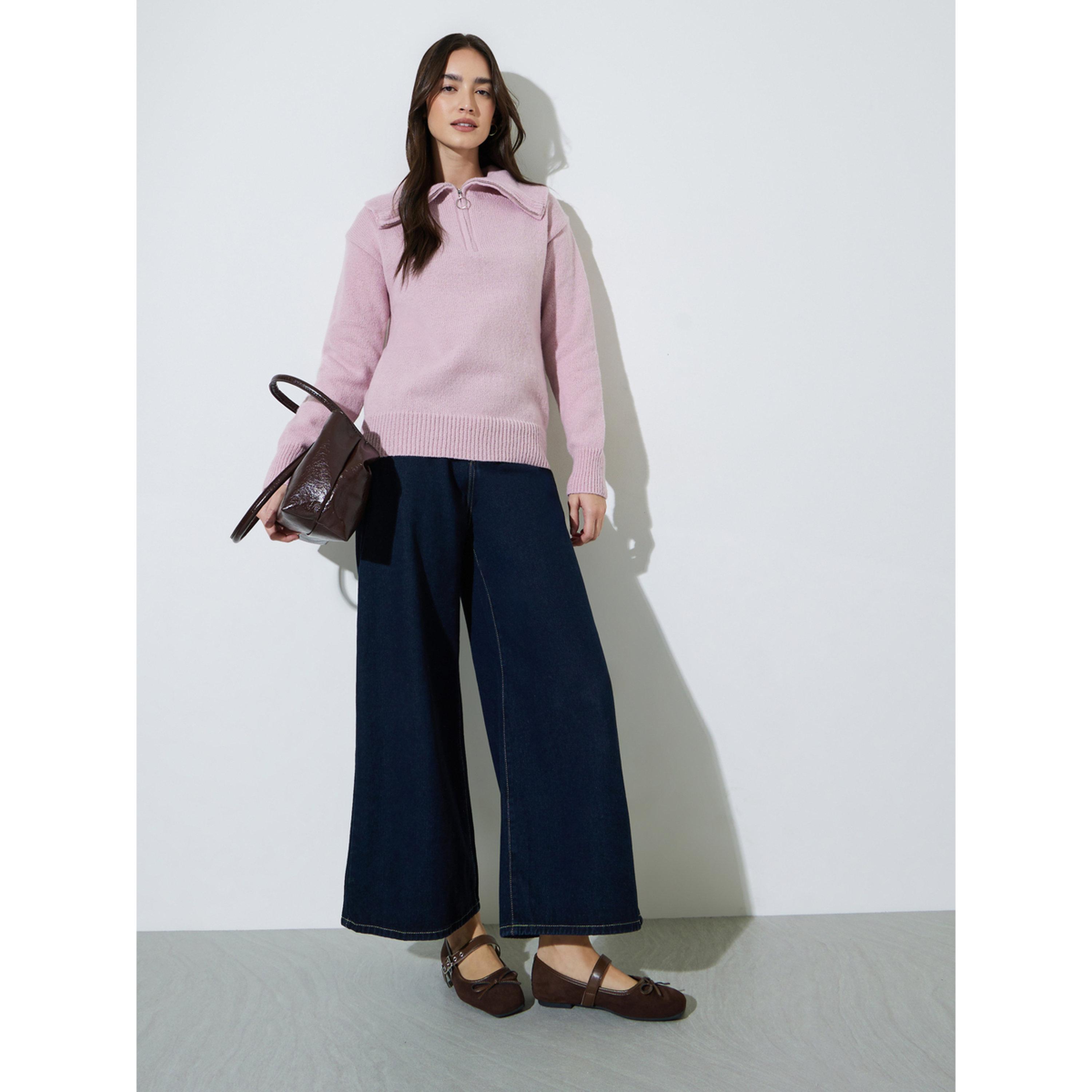 Styli Pink Regular Fit Half-Zip Knit Sweater-women-winterwear-cardigansandjumpers-jumpers-image-2