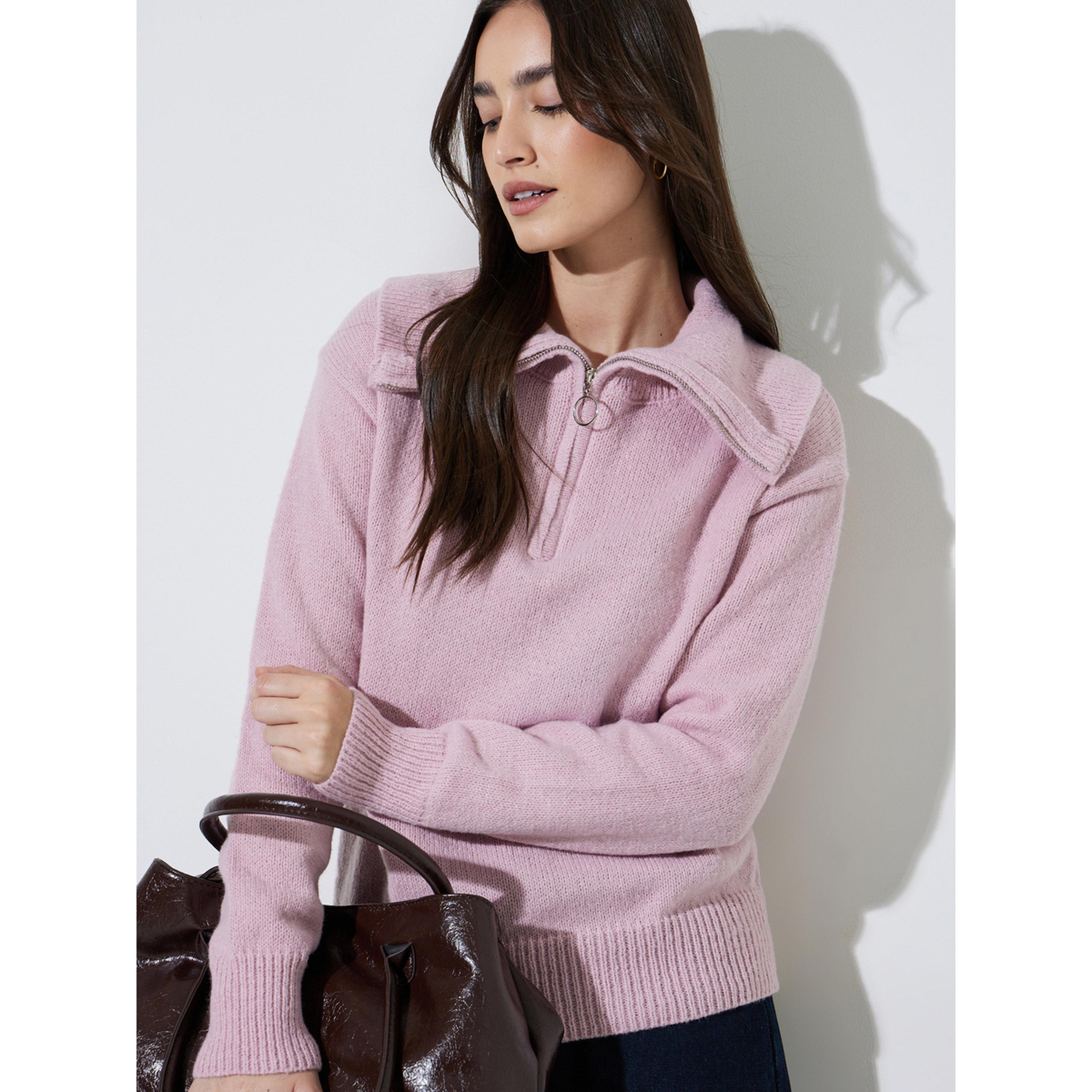 Styli Pink Regular Fit Half-Zip Knit Sweater-women-winterwear-cardigansandjumpers-jumpers-image-5