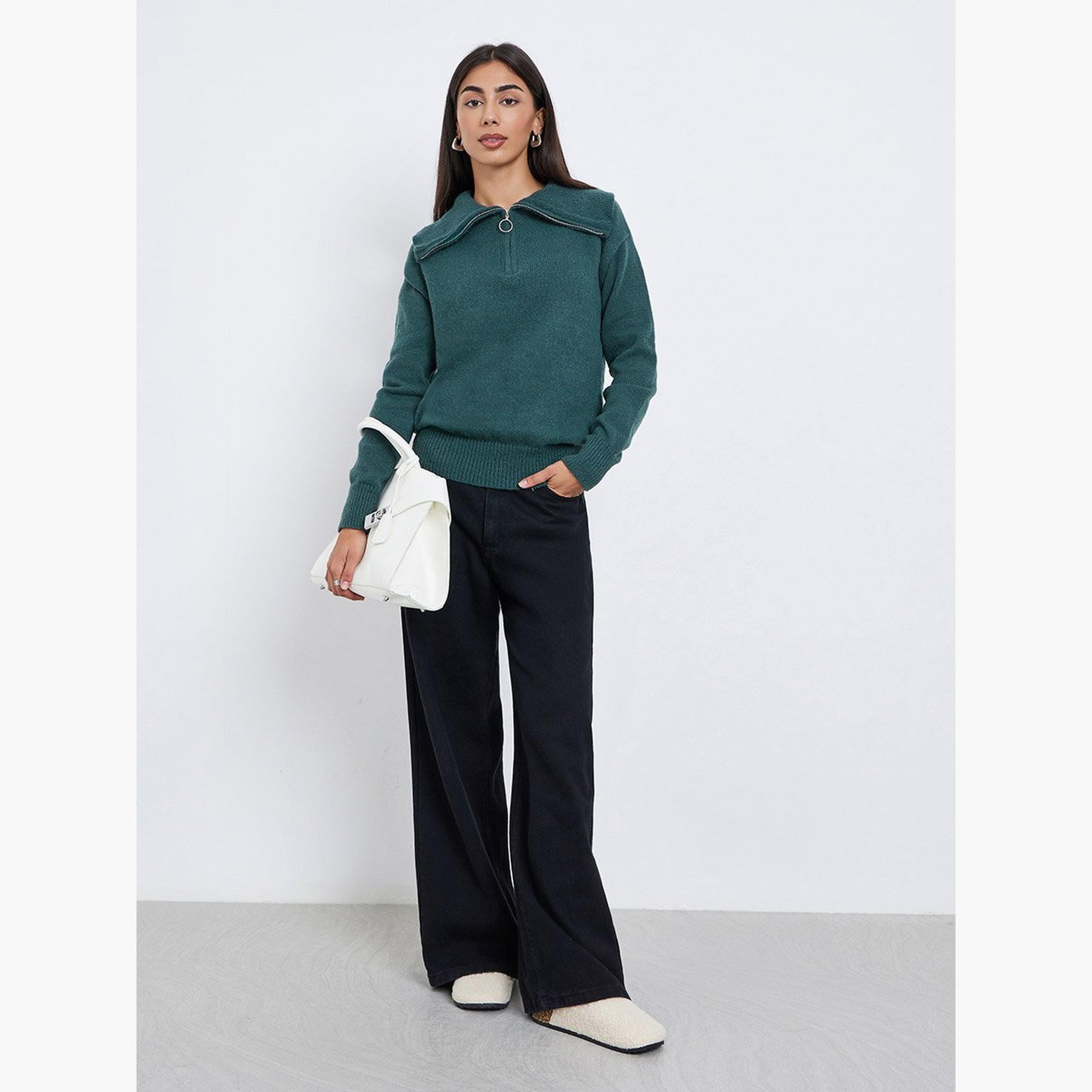 ستايلي - سترة محبوكة بنصف سحاب وقصّة عادية لون أخضر الداكن-women-winterwear-cardigansandjumpers-jumpers-image-1
