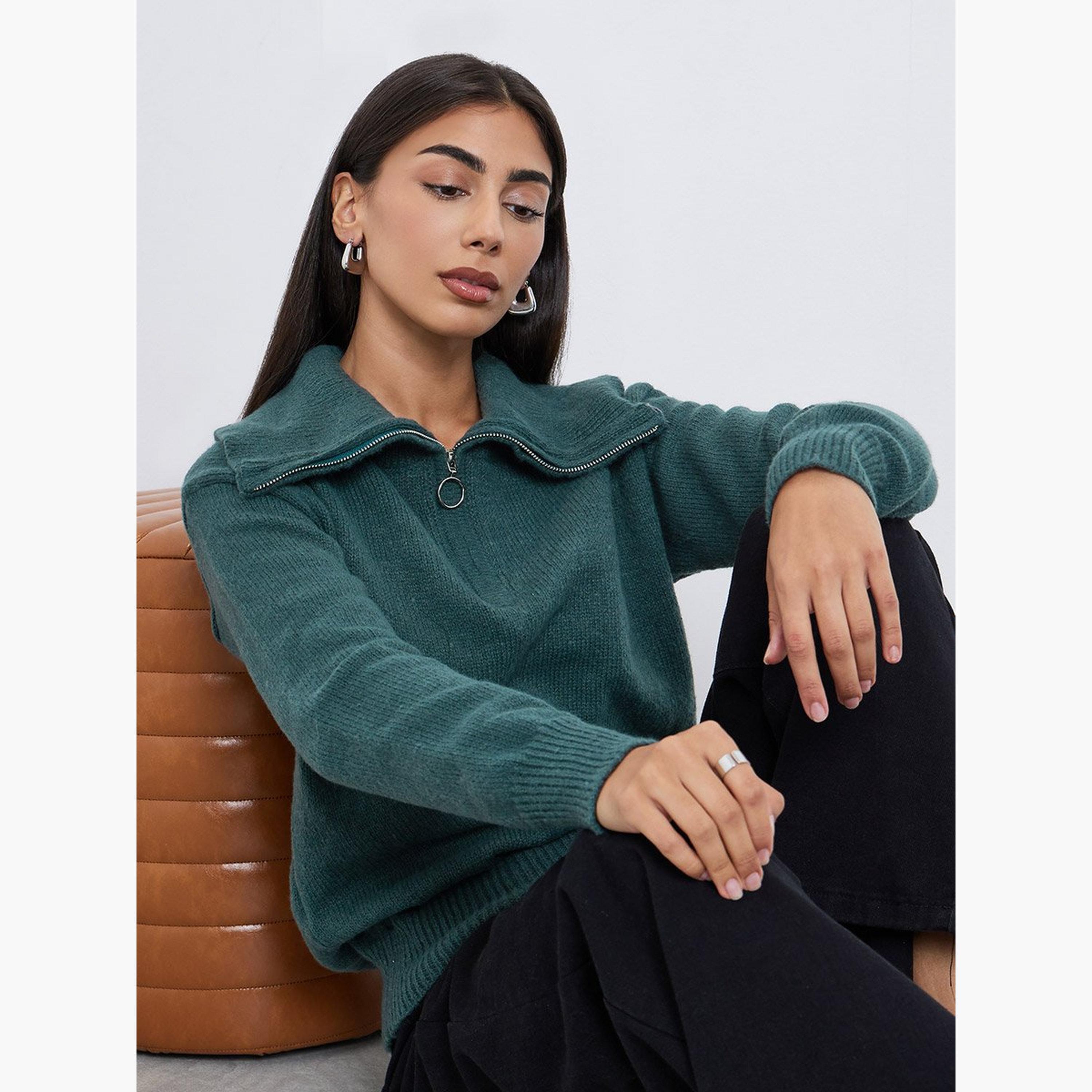Styli Dark Green Regular Fit Half-Zip Knit Sweater-women-winterwear-cardigansandjumpers-jumpers-image-2