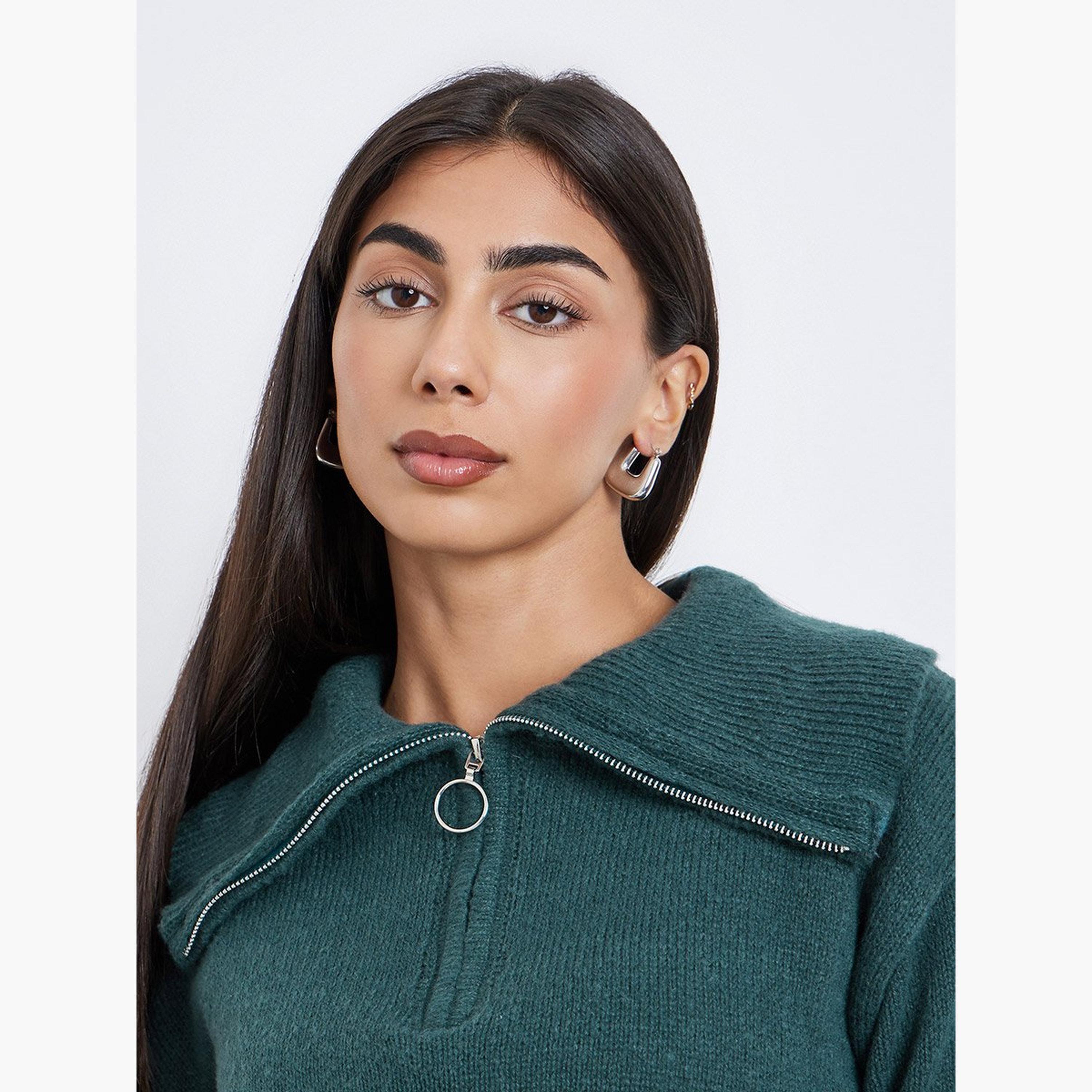 ستايلي - سترة محبوكة بنصف سحاب وقصّة عادية لون أخضر الداكن-women-winterwear-cardigansandjumpers-jumpers-image-3