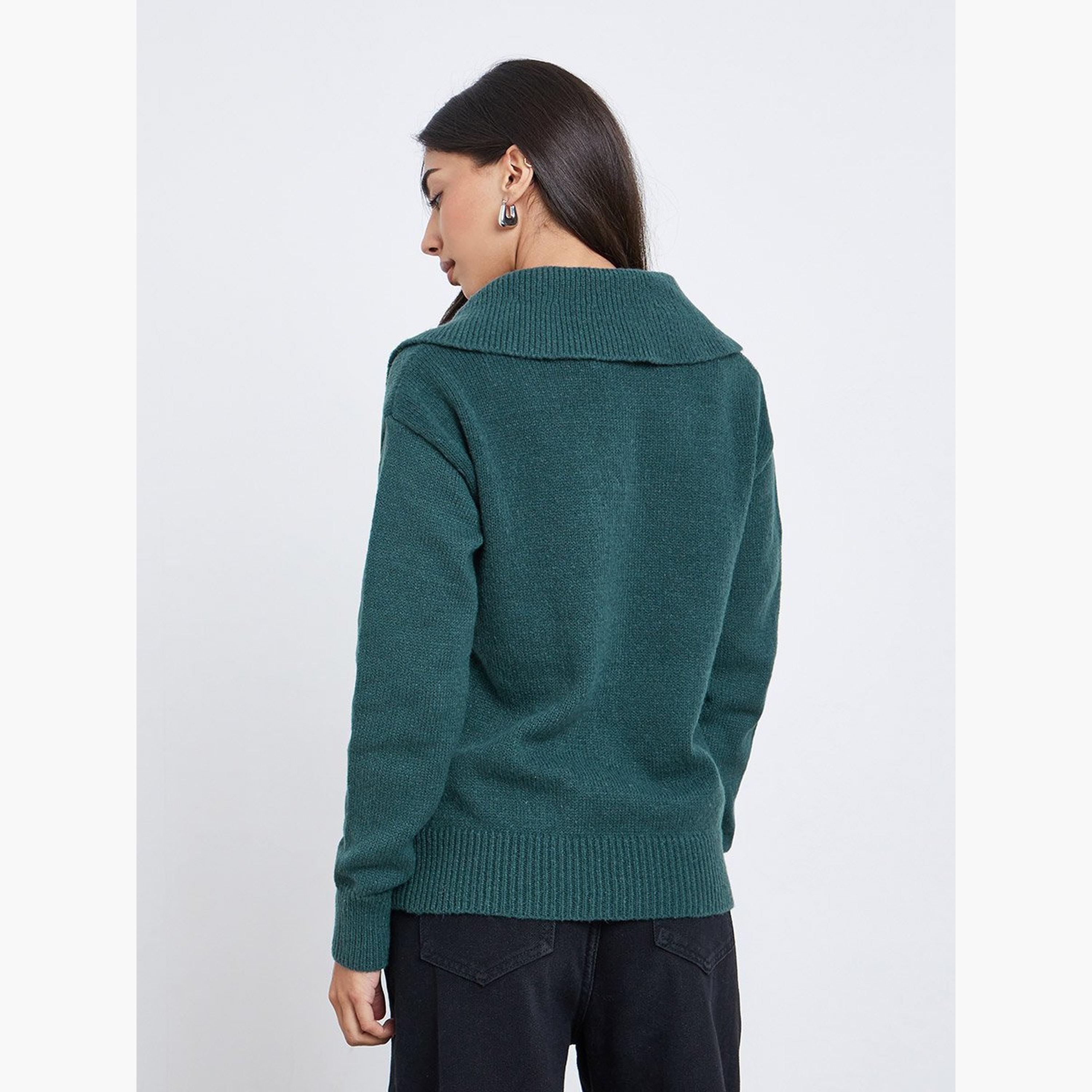 Styli Dark Green Regular Fit Half-Zip Knit Sweater-women-winterwear-cardigansandjumpers-jumpers-image-4