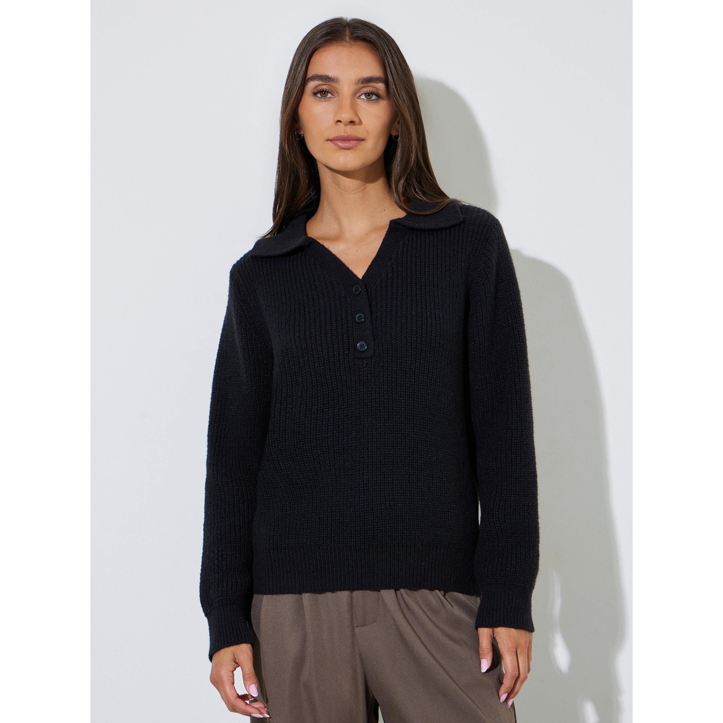 Styli Black Regular Fit Knit Sweater with Button Placket-women-winterwear-cardigansandjumpers-jumpers-image-1