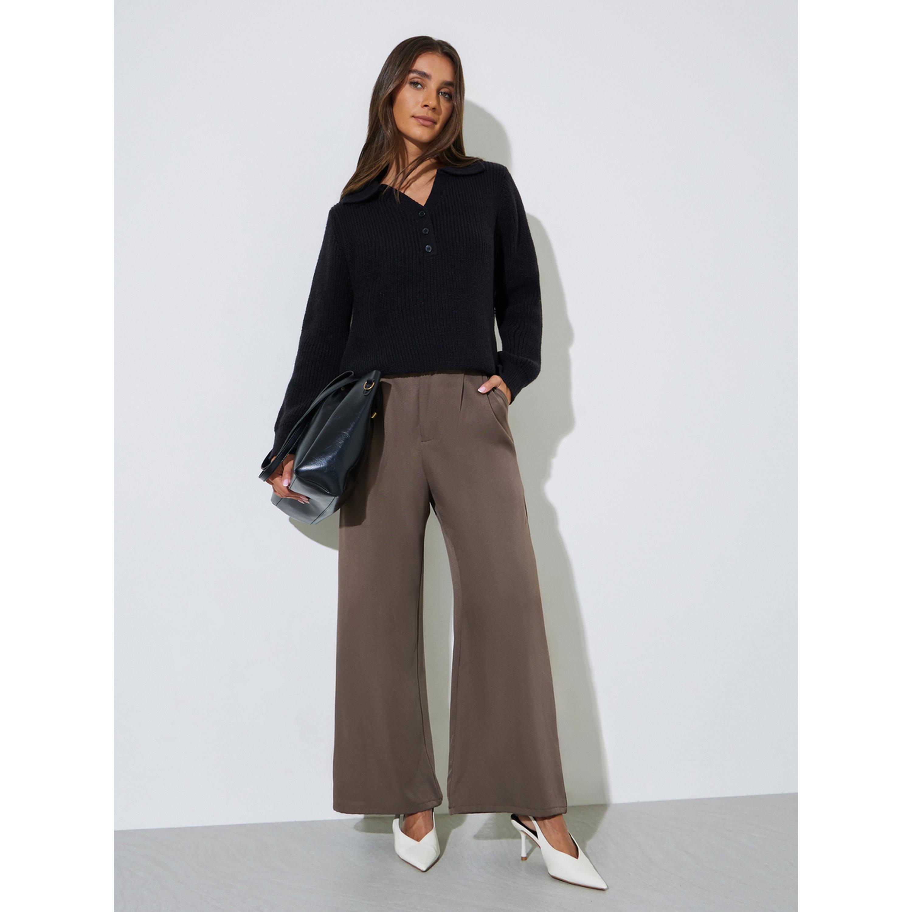 Styli Black Regular Fit Knit Sweater with Button Placket-women-winterwear-cardigansandjumpers-jumpers-image-2