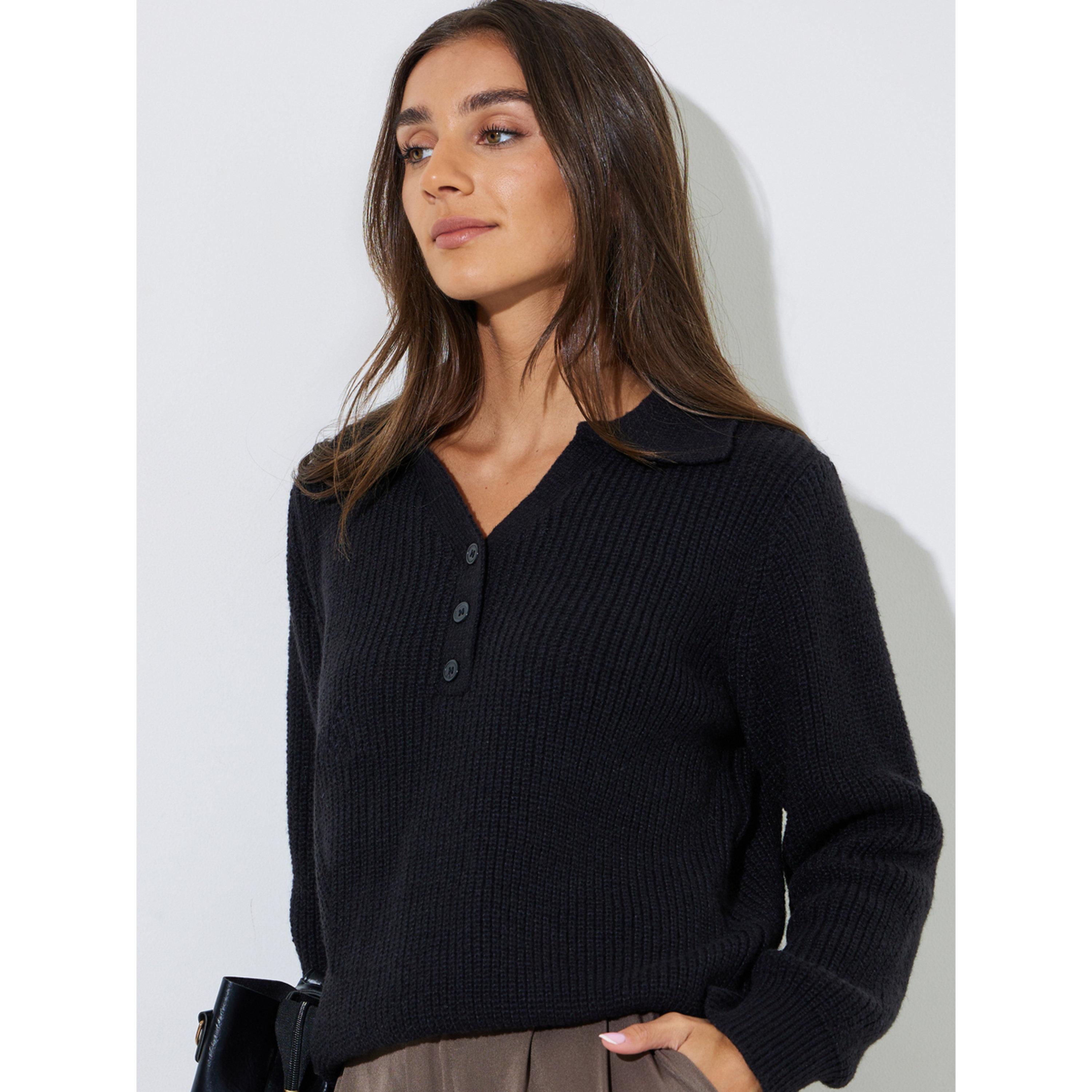 Styli Black Regular Fit Knit Sweater with Button Placket-women-winterwear-cardigansandjumpers-jumpers-image-4