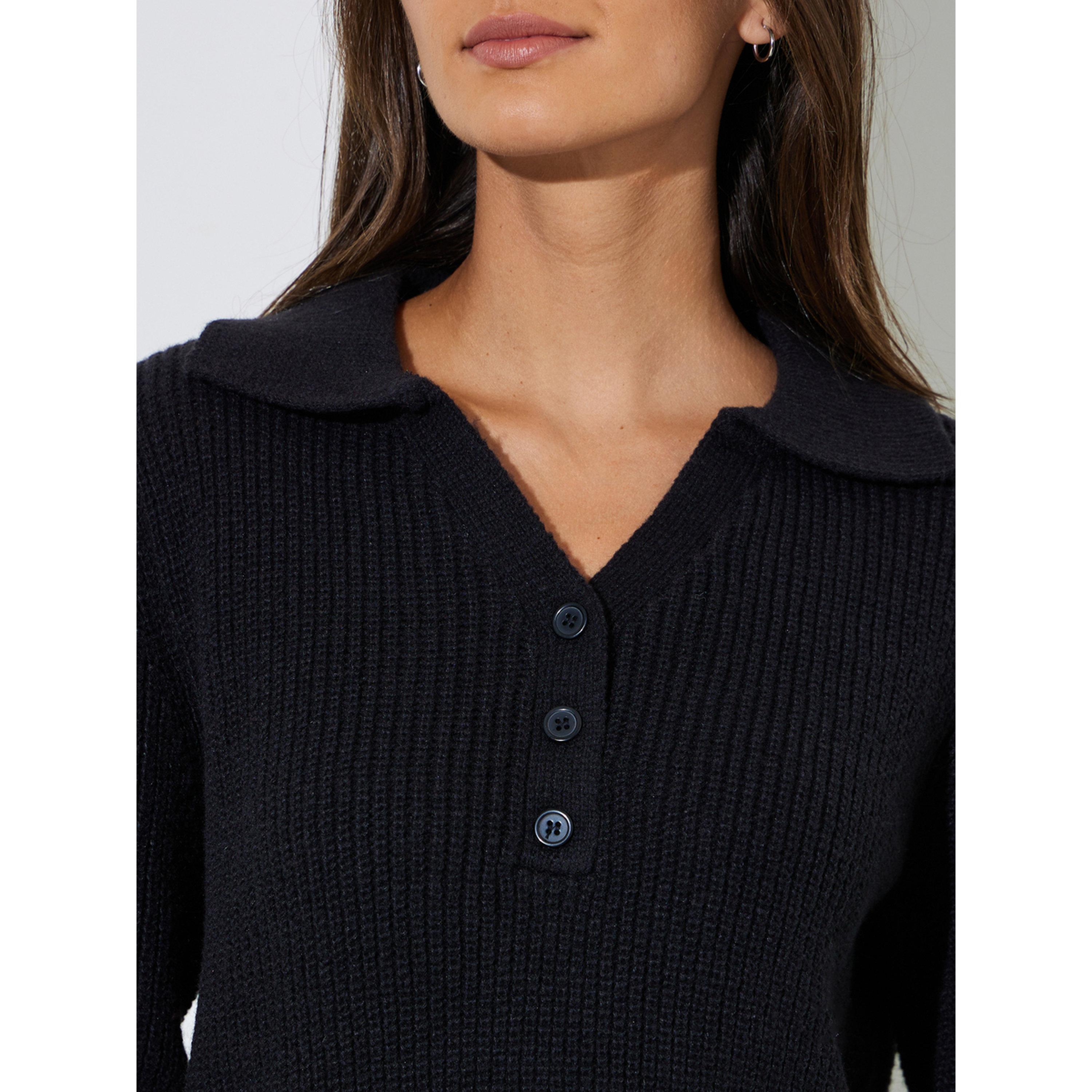 Styli Black Regular Fit Knit Sweater with Button Placket-women-winterwear-cardigansandjumpers-jumpers-image-5