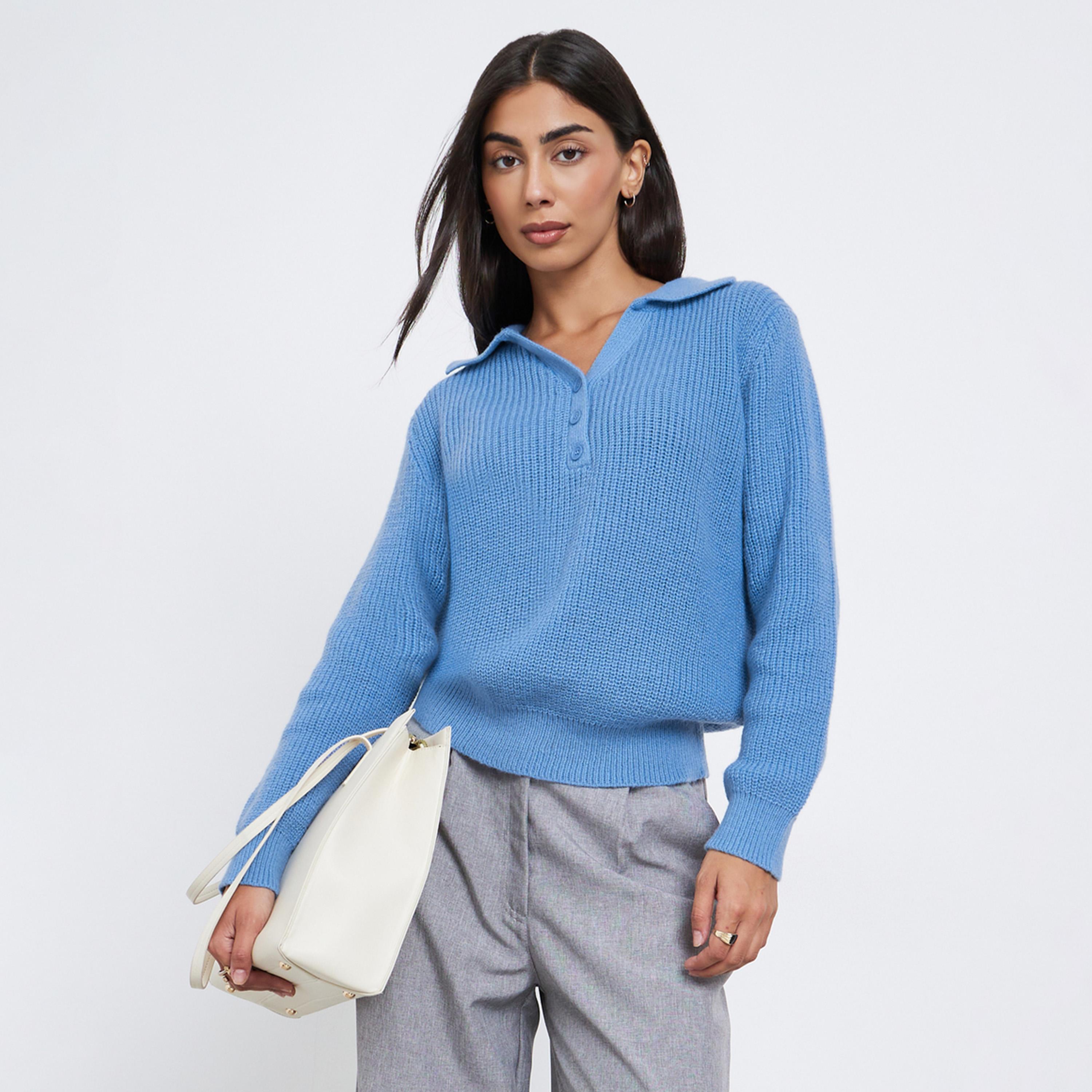 Styli Blue Regular Fit Knit Sweater with Button Placket-women-winterwear-cardigansandjumpers-jumpers-image-1