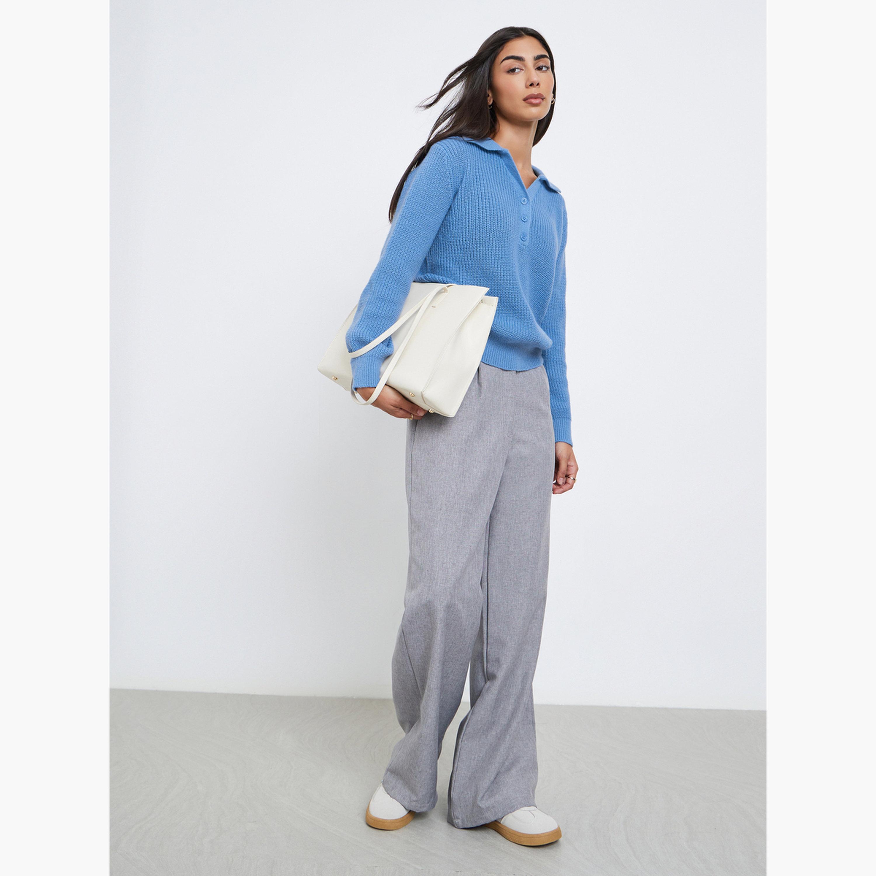 Styli Blue Regular Fit Knit Sweater with Button Placket-women-winterwear-cardigansandjumpers-jumpers-image-2