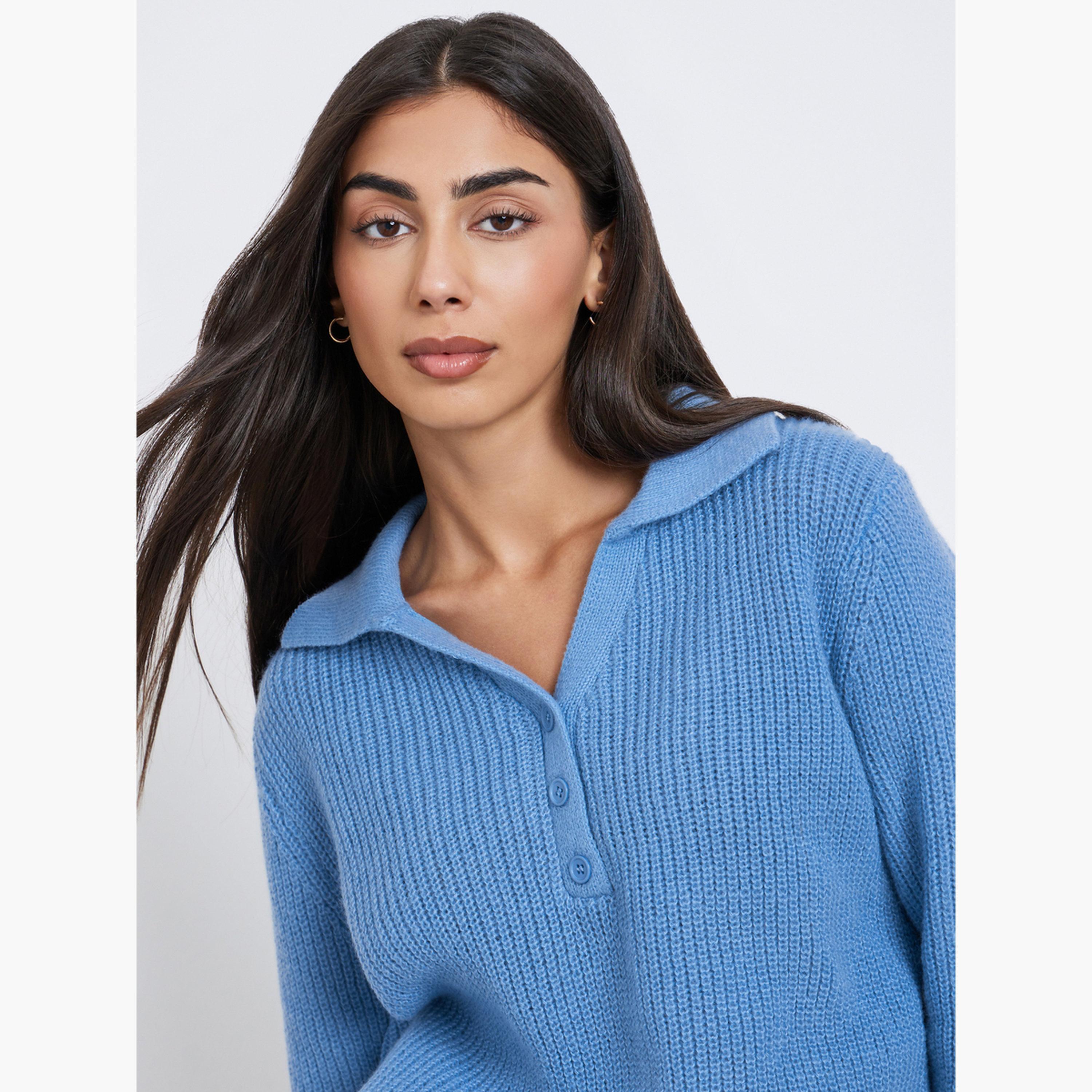 Styli Blue Regular Fit Knit Sweater with Button Placket-women-winterwear-cardigansandjumpers-jumpers-image-3