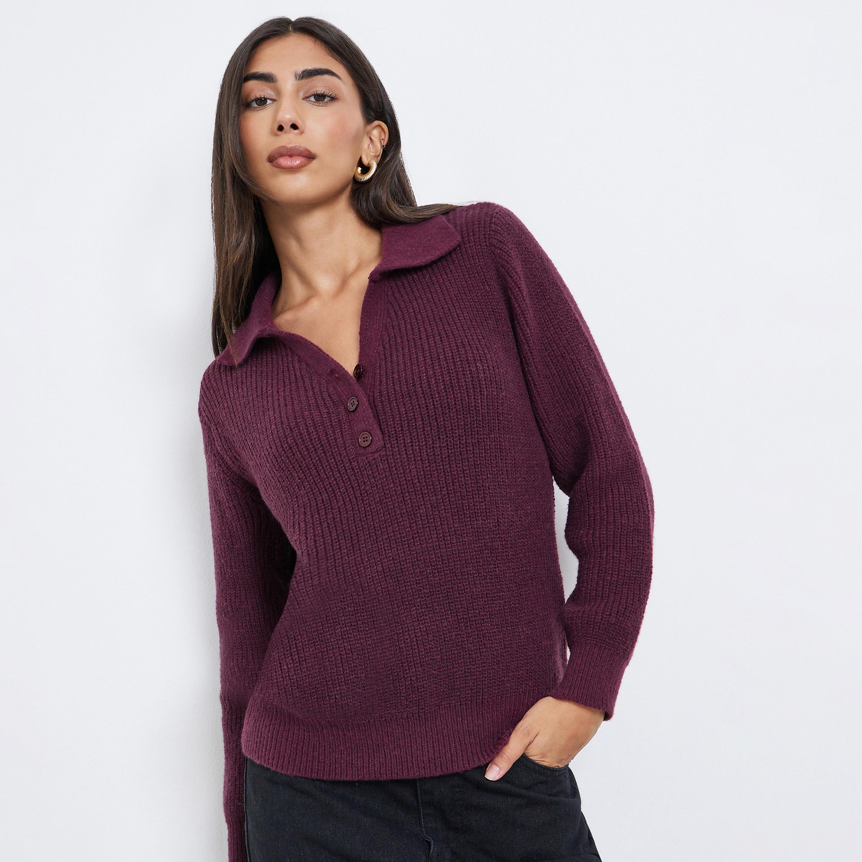 ستايلي - سترة محبوكة بقصّة عادية بلون برغندي مع أزرار-women-winterwear-cardigansandjumpers-jumpers-image-1