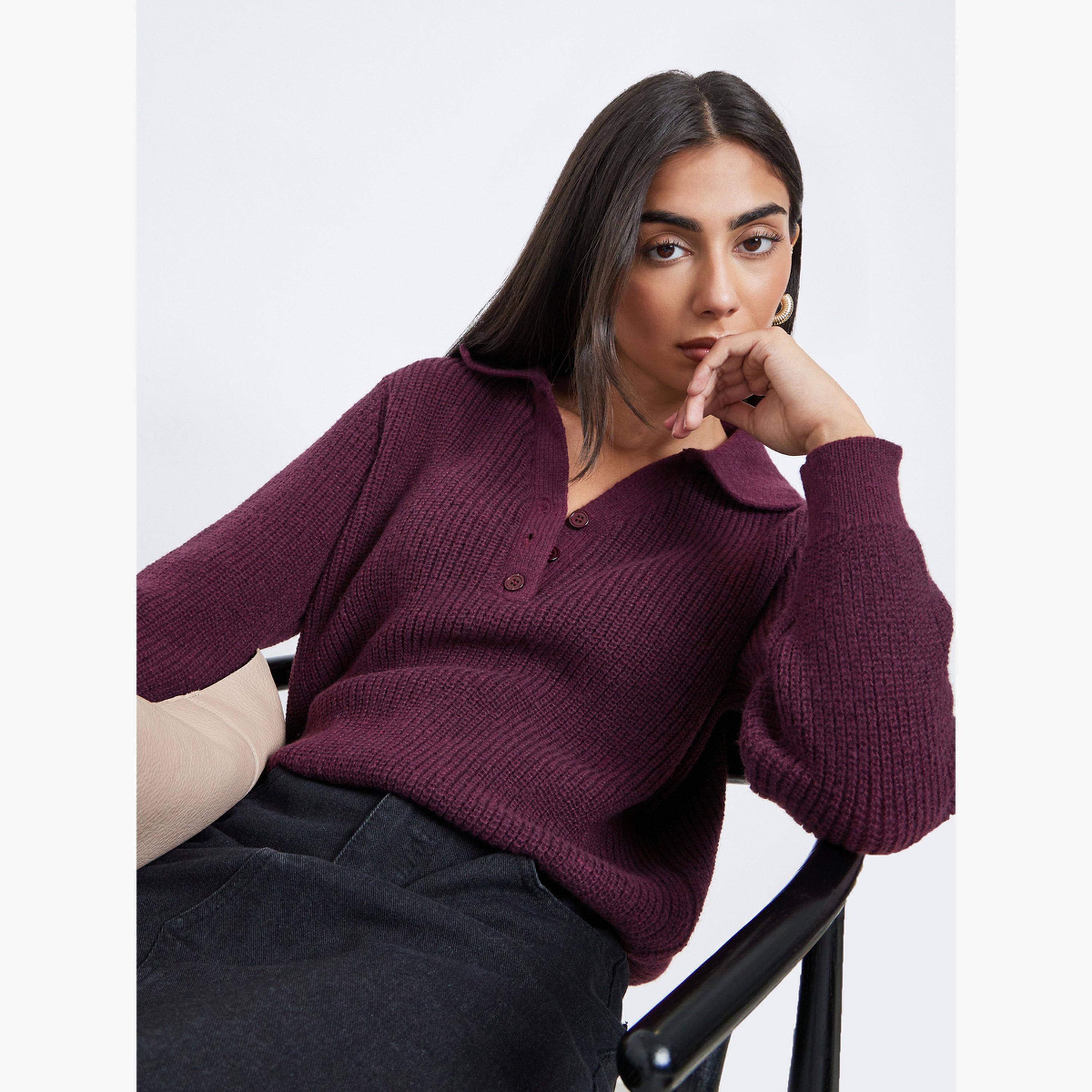 ستايلي - سترة محبوكة بقصّة عادية بلون برغندي مع أزرار-women-winterwear-cardigansandjumpers-jumpers-image-3