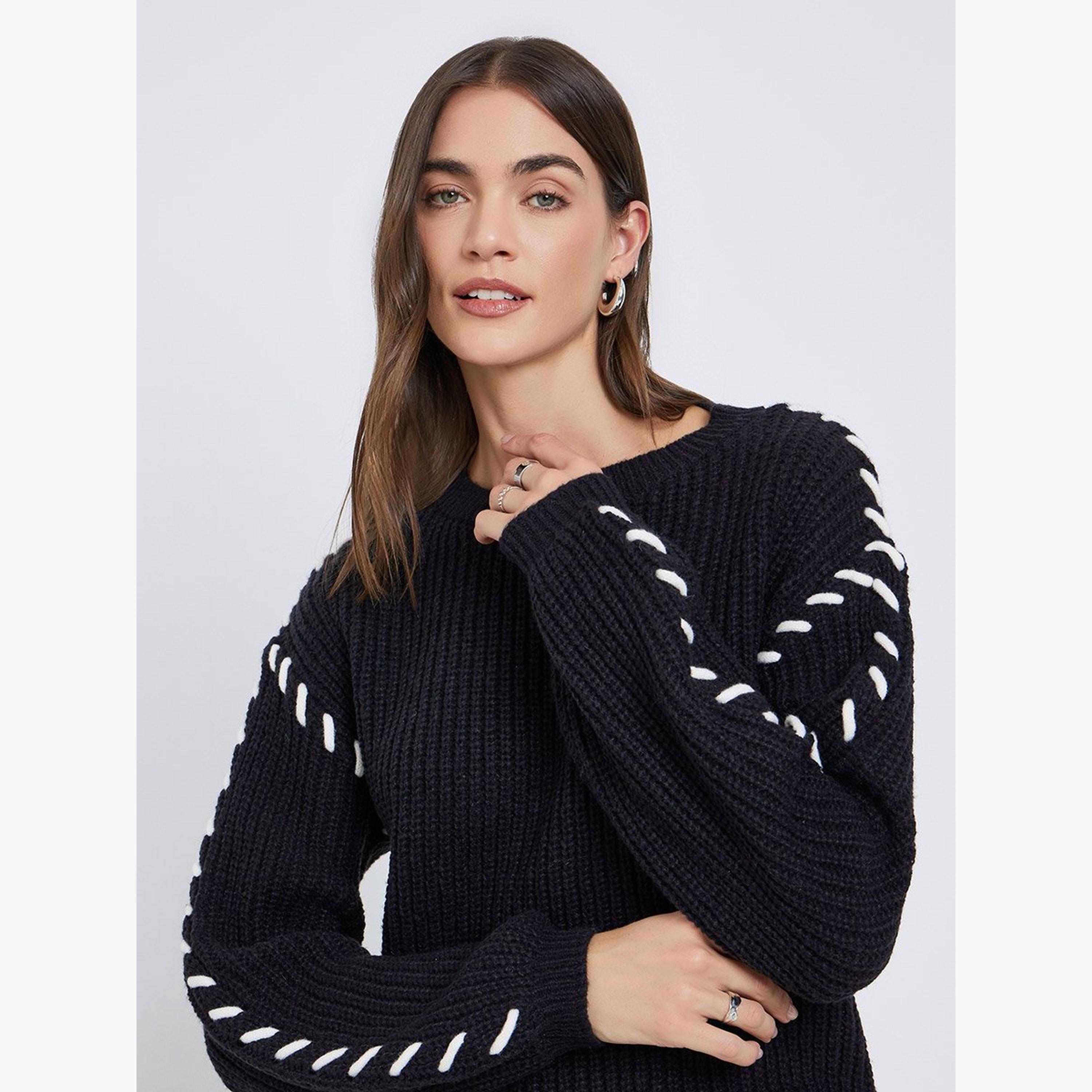 Styli Black Chunky Knit Sweater with Stitch Detail-women-winterwear-cardigansandjumpers-jumpers-image-2