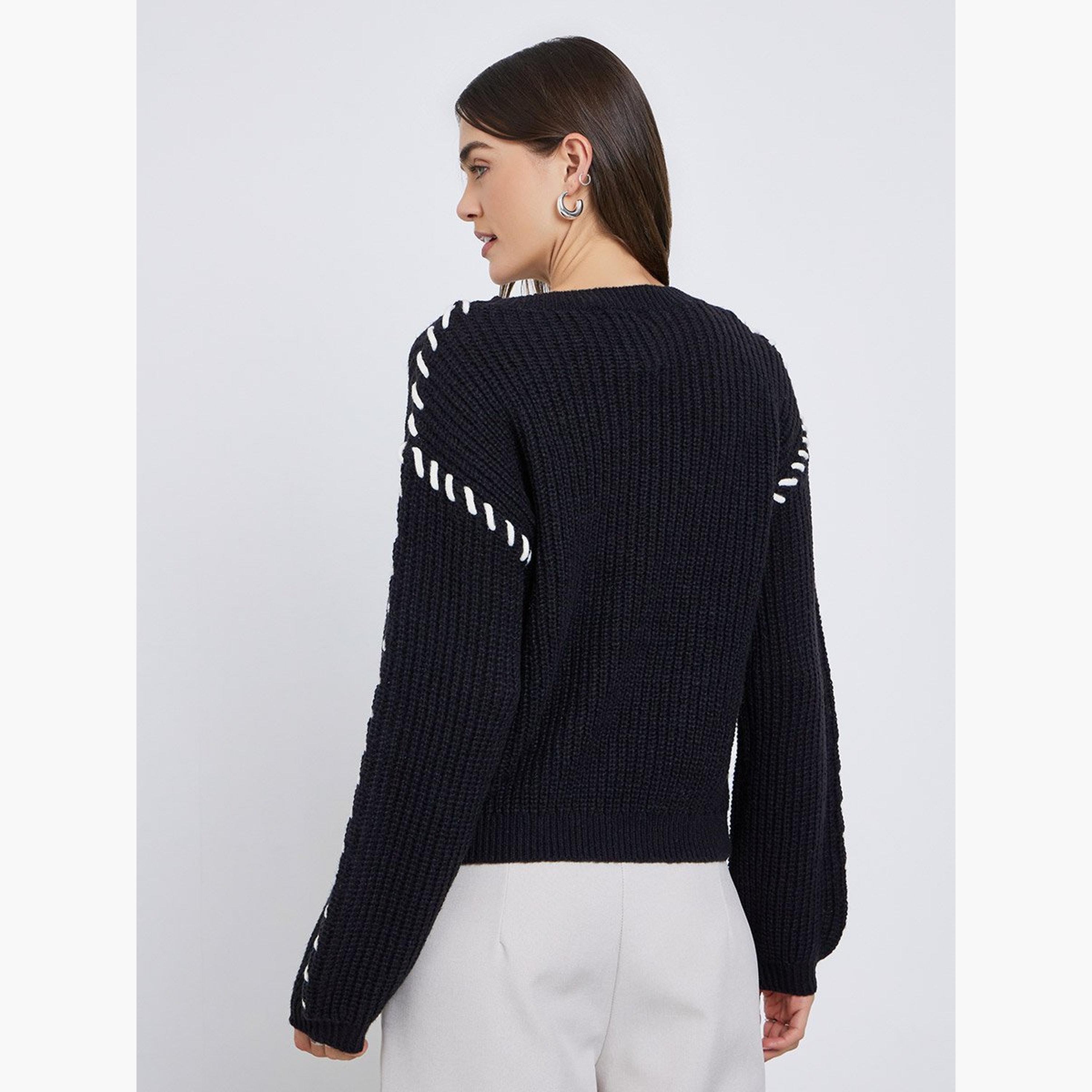 Styli Black Chunky Knit Sweater with Stitch Detail-women-winterwear-cardigansandjumpers-jumpers-image-4