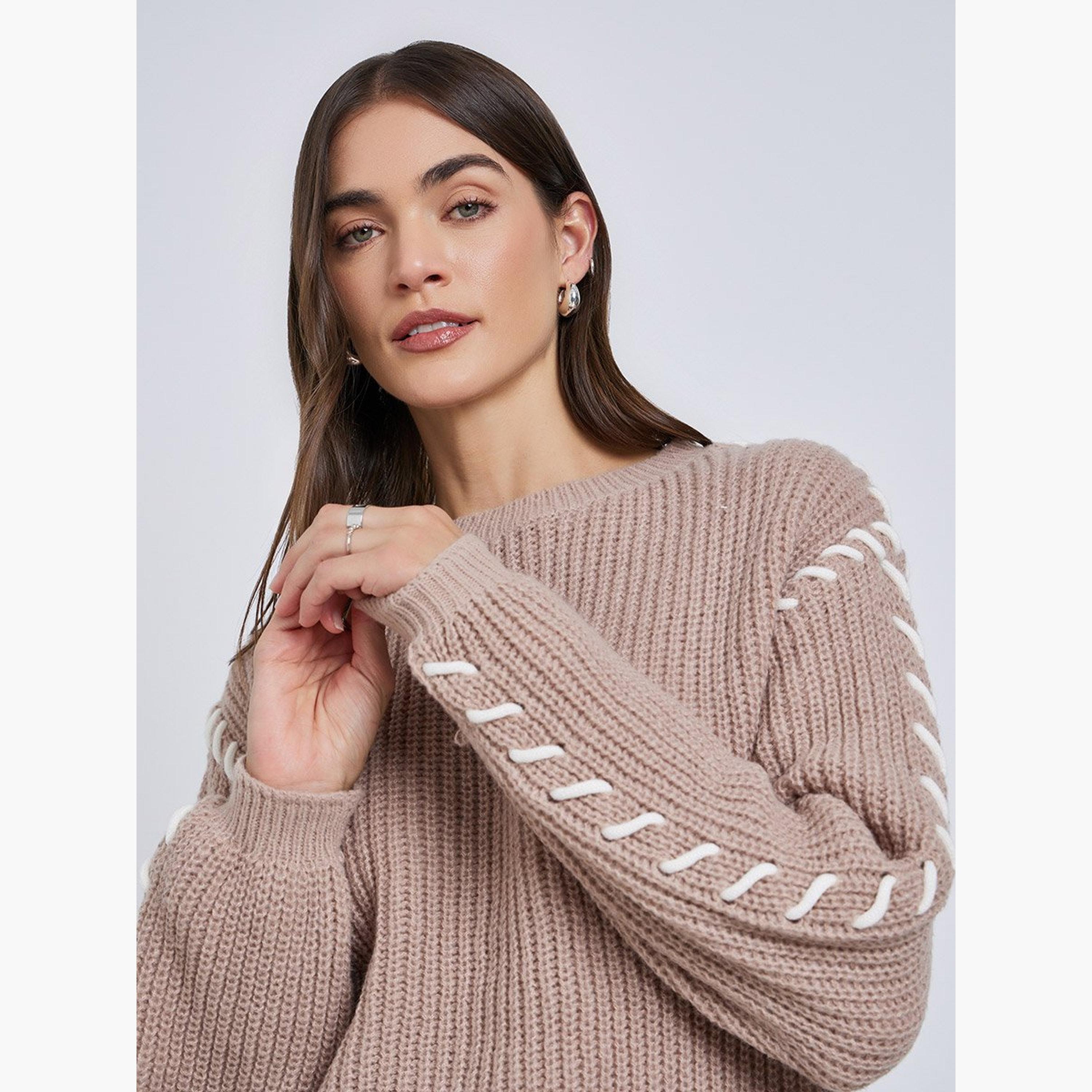 Styli Beige Chunky Knit Sweater with Stitch Detail-women-winterwear-cardigansandjumpers-jumpers-image-2