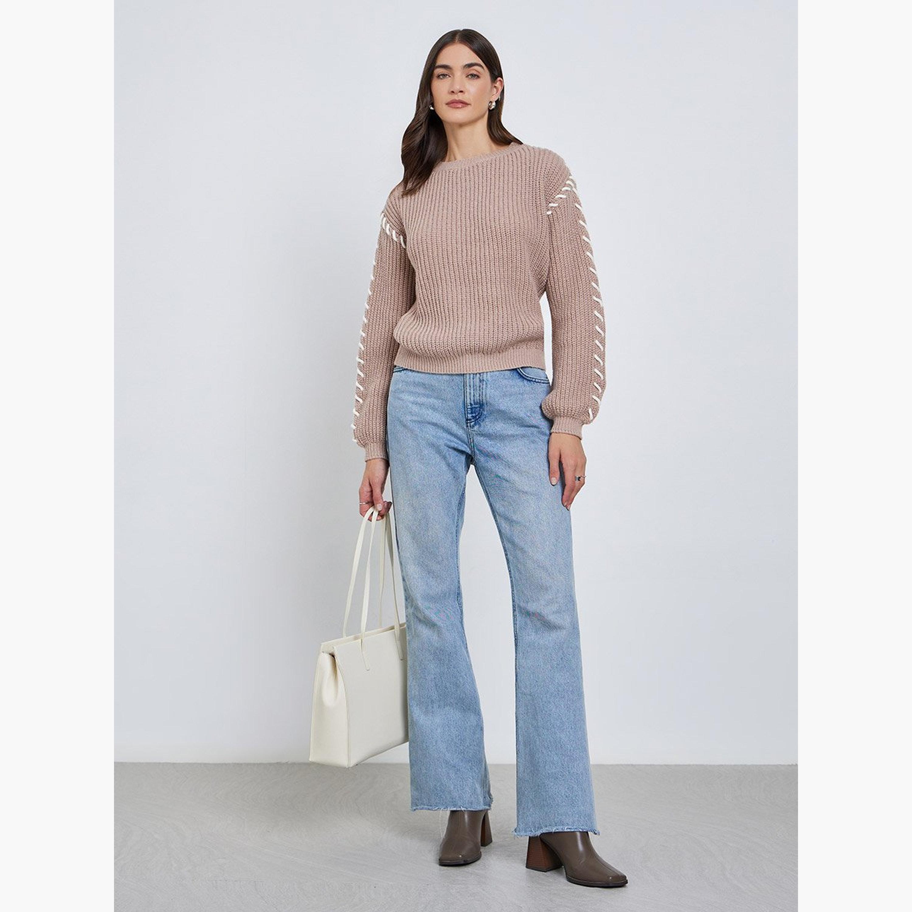 Styli Beige Chunky Knit Sweater with Stitch Detail-women-winterwear-cardigansandjumpers-jumpers-image-3
