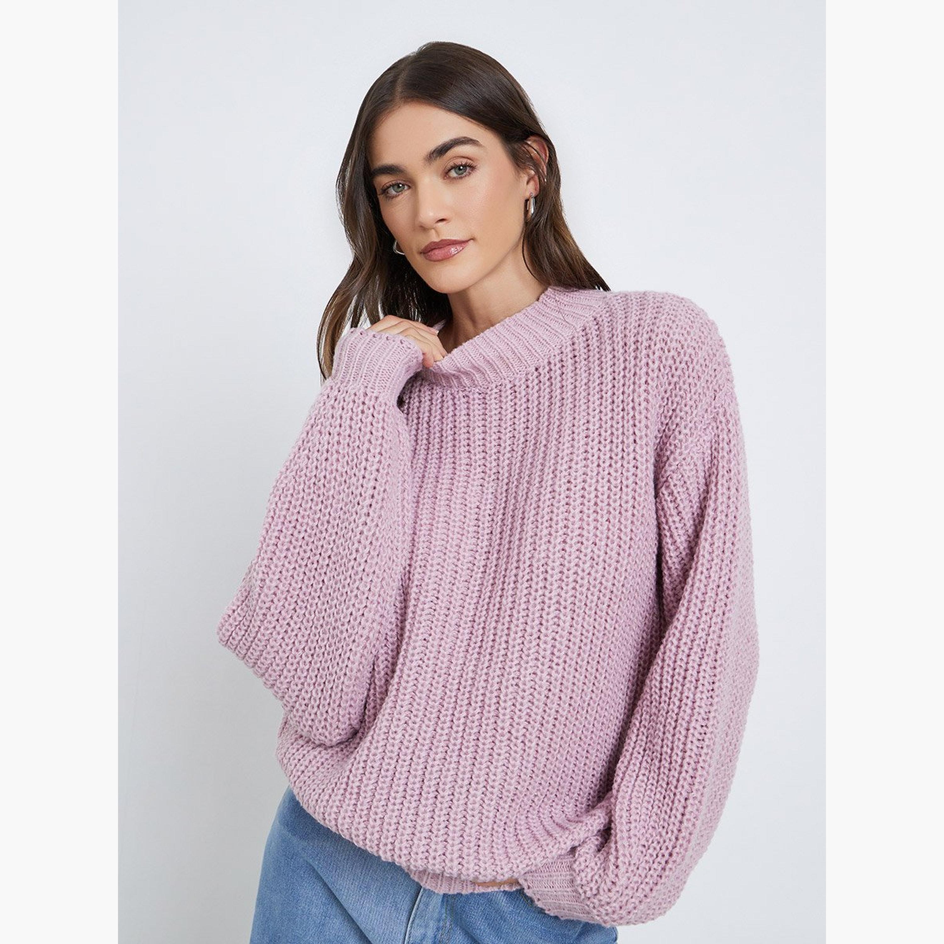 ستايلي - سترة وردية اللون ياقة عالية ونسيج محبوك سميك-women-winterwear-cardigansandjumpers-jumpers-image-1