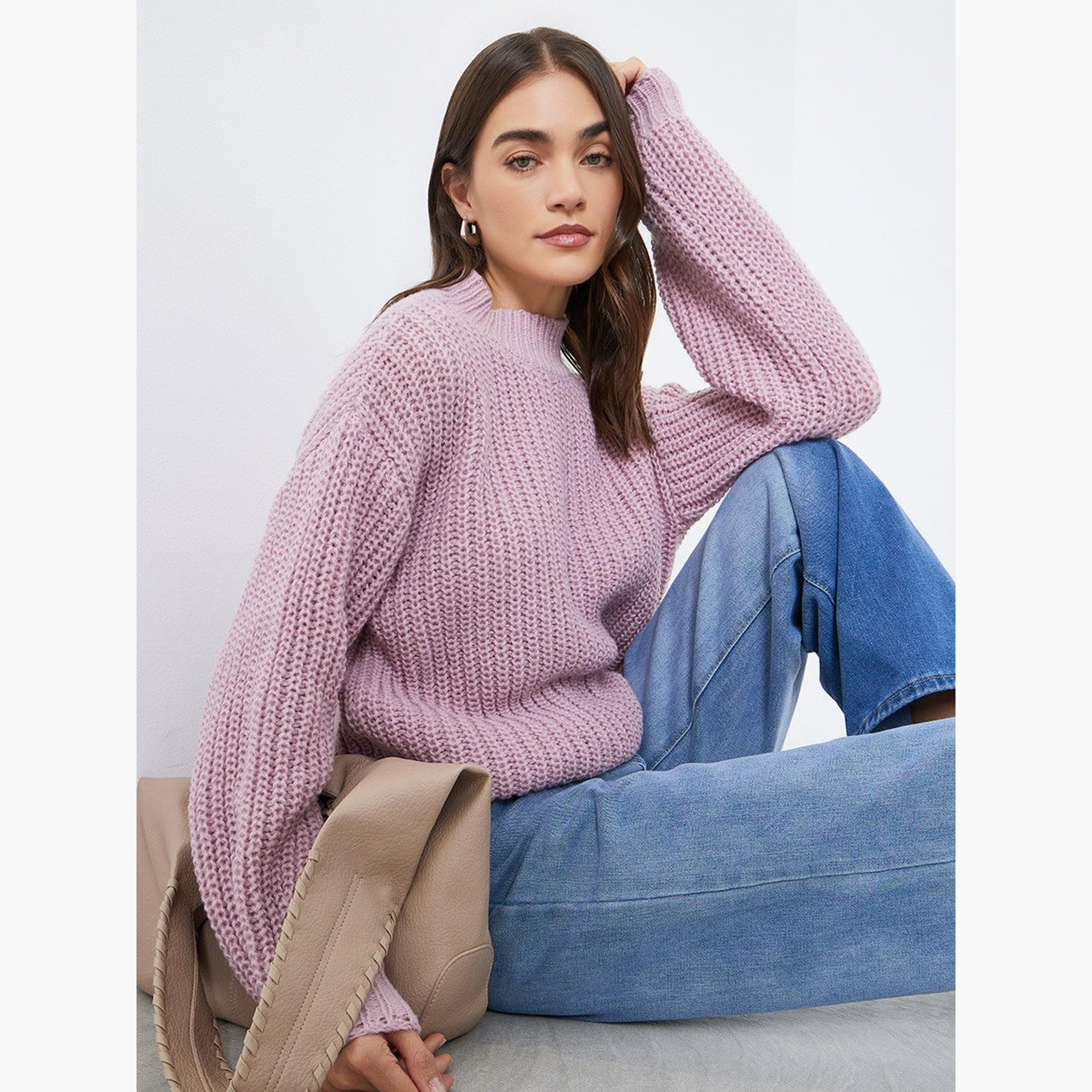 ستايلي - سترة وردية اللون ياقة عالية ونسيج محبوك سميك-women-winterwear-cardigansandjumpers-jumpers-image-3