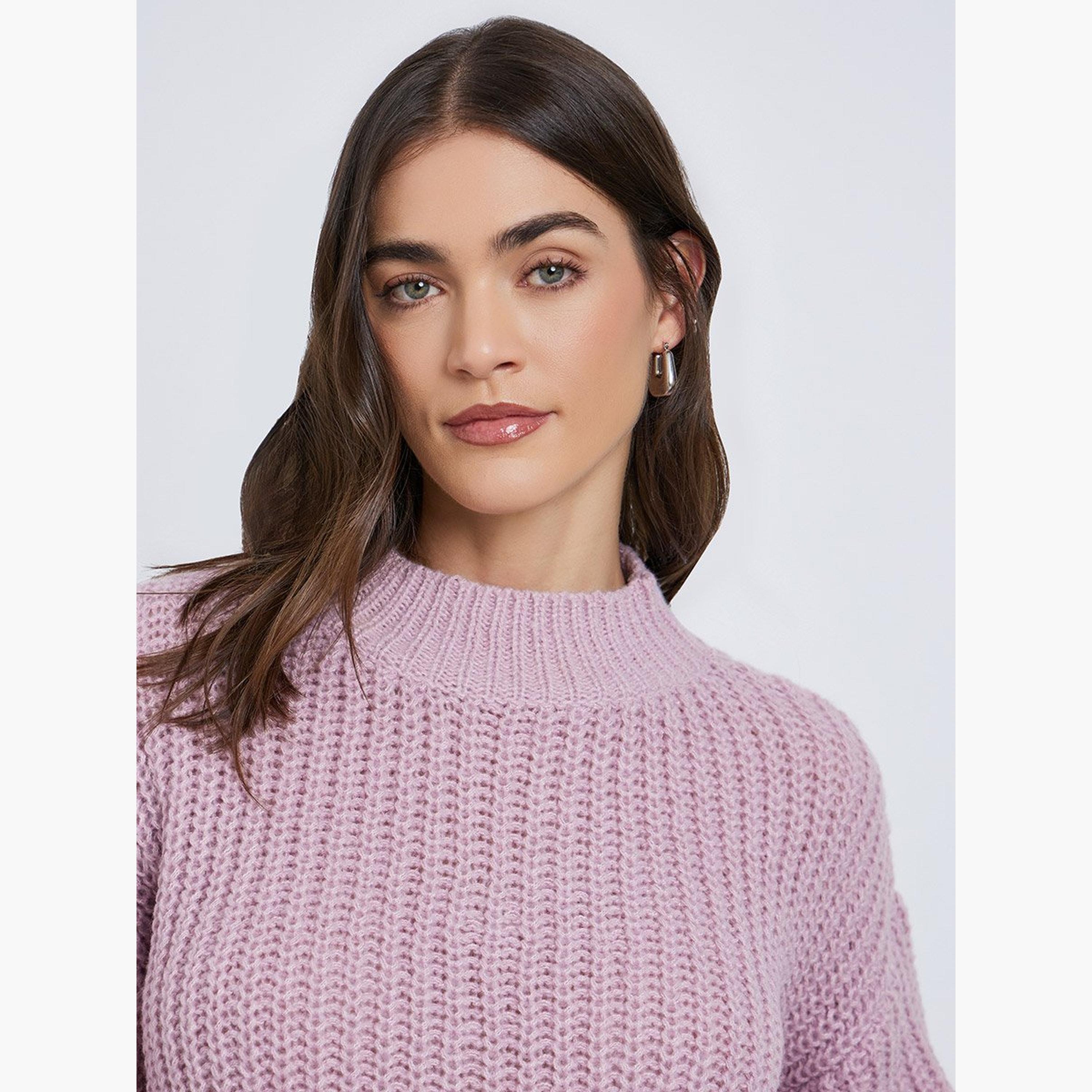 ستايلي - سترة وردية اللون ياقة عالية ونسيج محبوك سميك-women-winterwear-cardigansandjumpers-jumpers-image-4