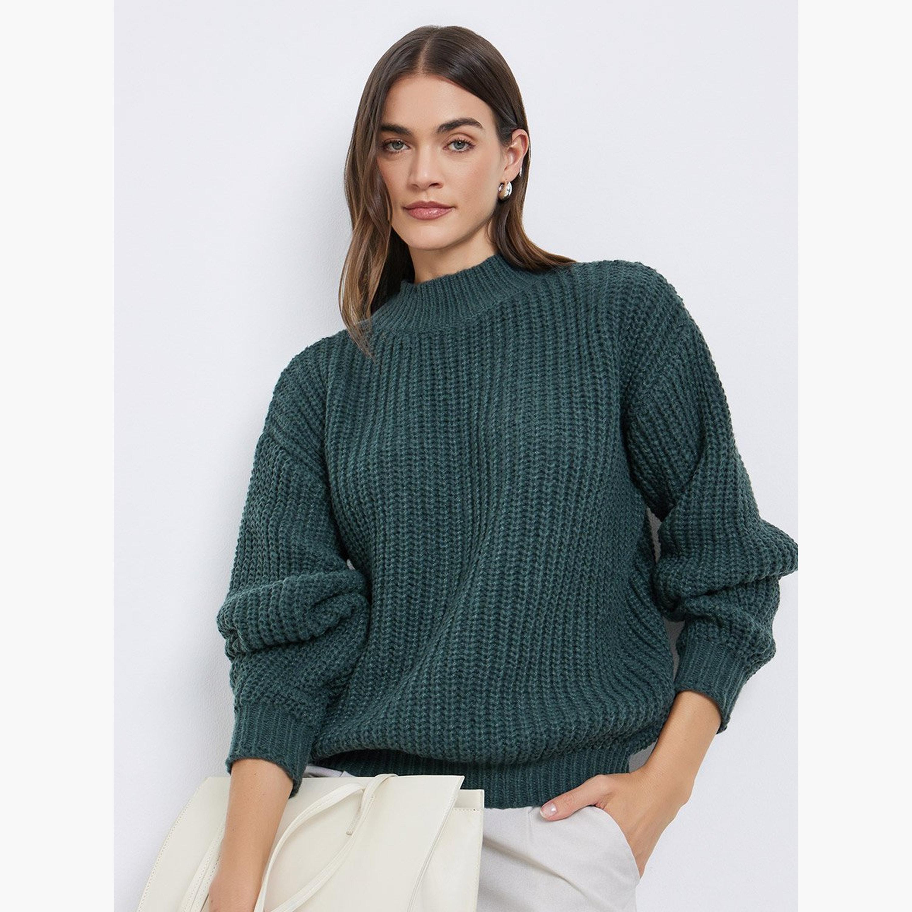 Styli Dark Green High Neck Chunky Knit Sweater-women-winterwear-cardigansandjumpers-jumpers-image-1