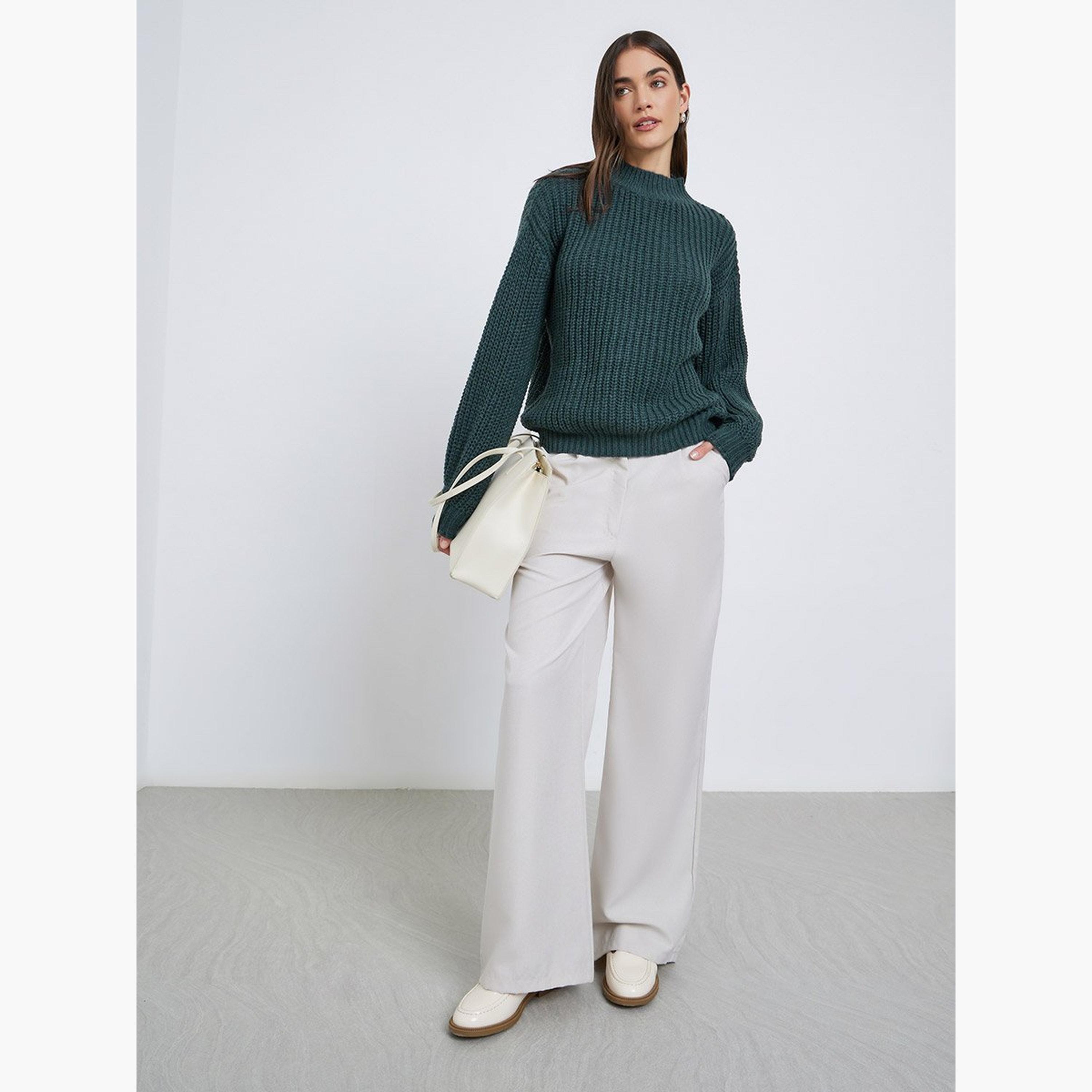 Styli Dark Green High Neck Chunky Knit Sweater-women-winterwear-cardigansandjumpers-jumpers-image-2
