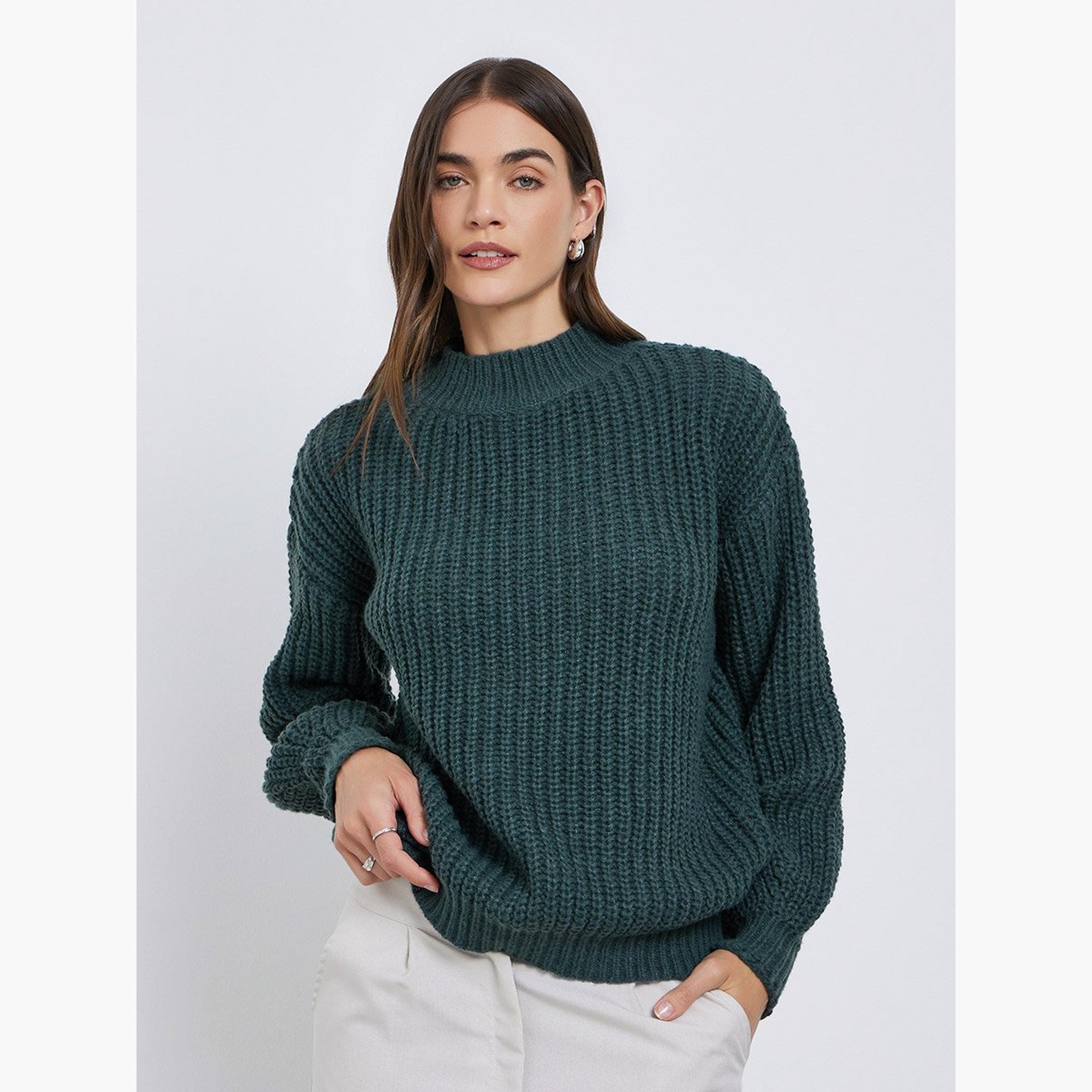 Styli Dark Green High Neck Chunky Knit Sweater-women-winterwear-cardigansandjumpers-jumpers-image-3